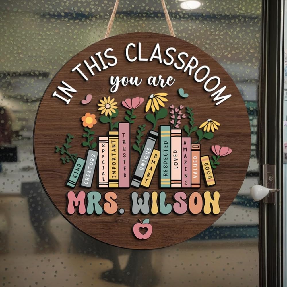 Poceton 3D Teacher Door Sign, Personalized Name Classroom Sign, Wooden Welcome Sign, Back To School Gift, 10 Inches by 10 Inches