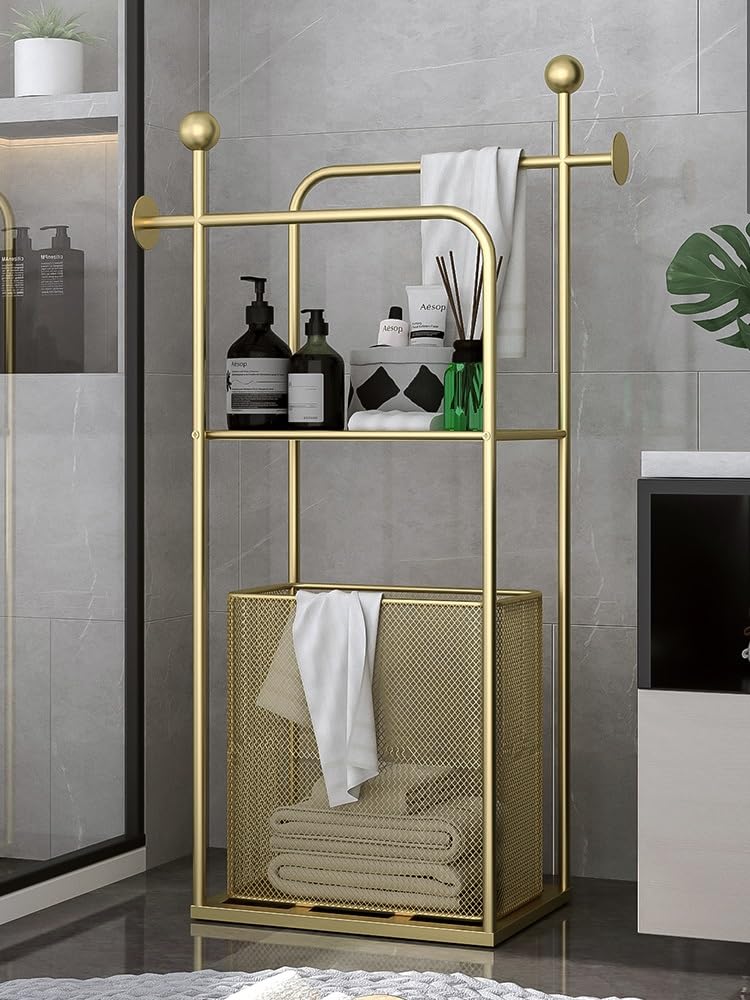 BIOMICE Floor Towel Rack Standing Towel Rack Metal 2-Tier Towel Stand with Storage Rack and Laundry Basket for Bathroom Freestanding Towel Racks