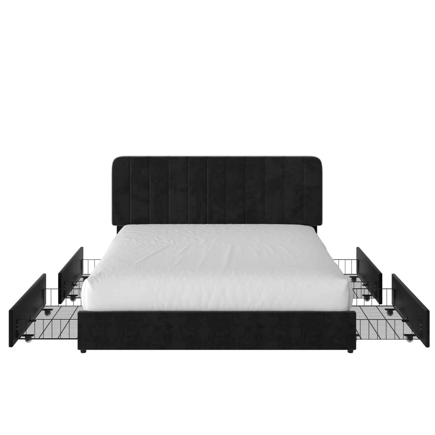 VECELO King Size Upholstered Bed Frame with 4 Drawers and Headboard, Velvet Platform Storage Bedframe, Wooden Slats Support, No Box Spring Needed,Black