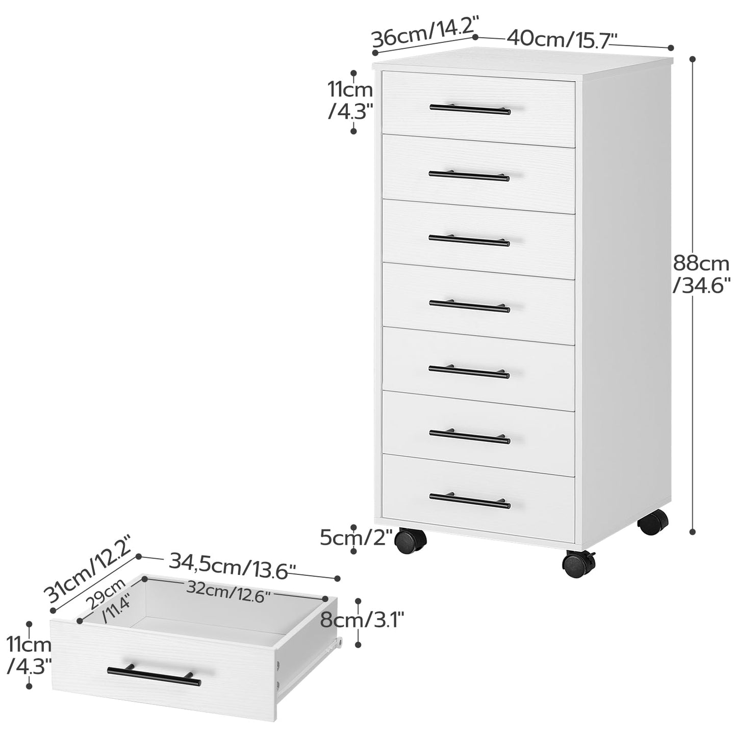HOOBRO 7-Drawer File Cabinet, Wooden Office Cabinet with Drawers, Mobile Storage Filing Drawer for Home Office, Study, Easy Assembly, White WT07WJ01