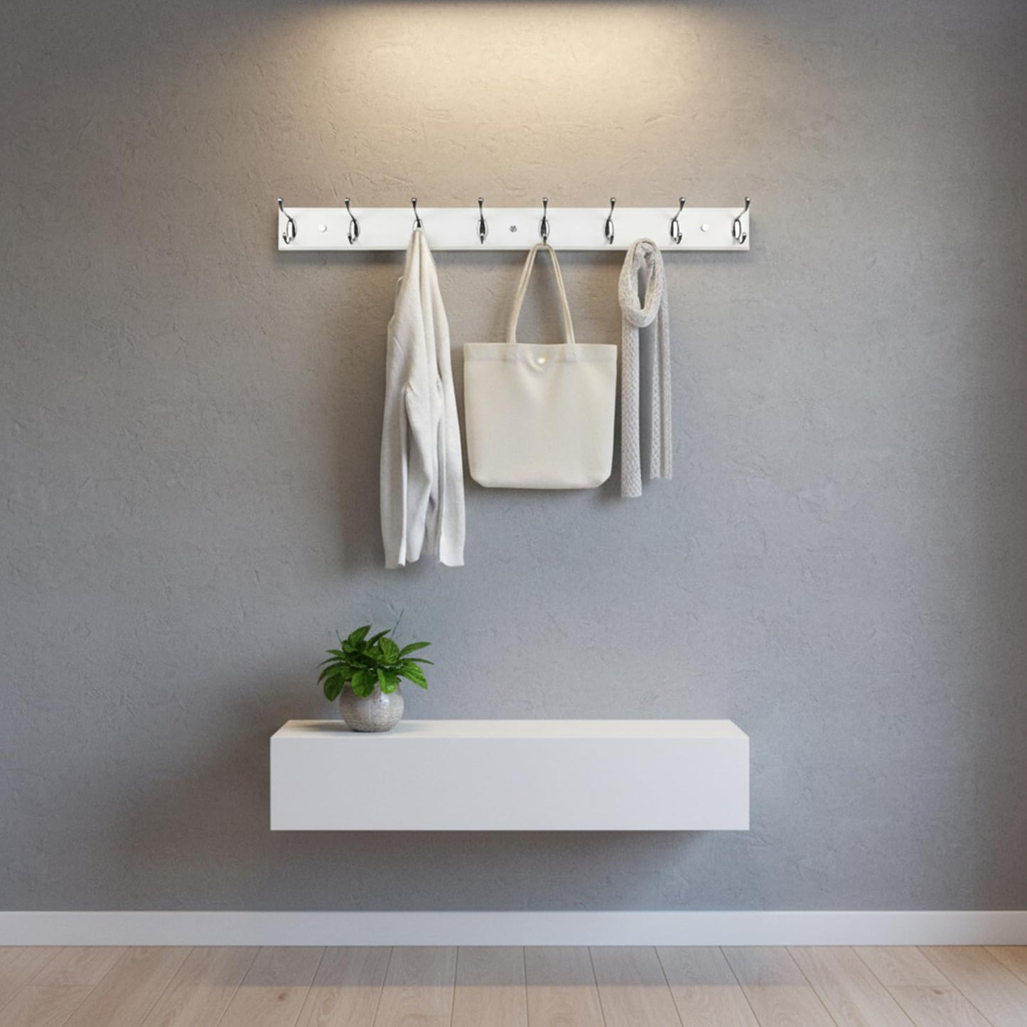 lomejii Wooden Wall Mounted Coat Rack โ 31 Inch, White with 8 Silver Hooks for Entryway, Hallway, Bedroom