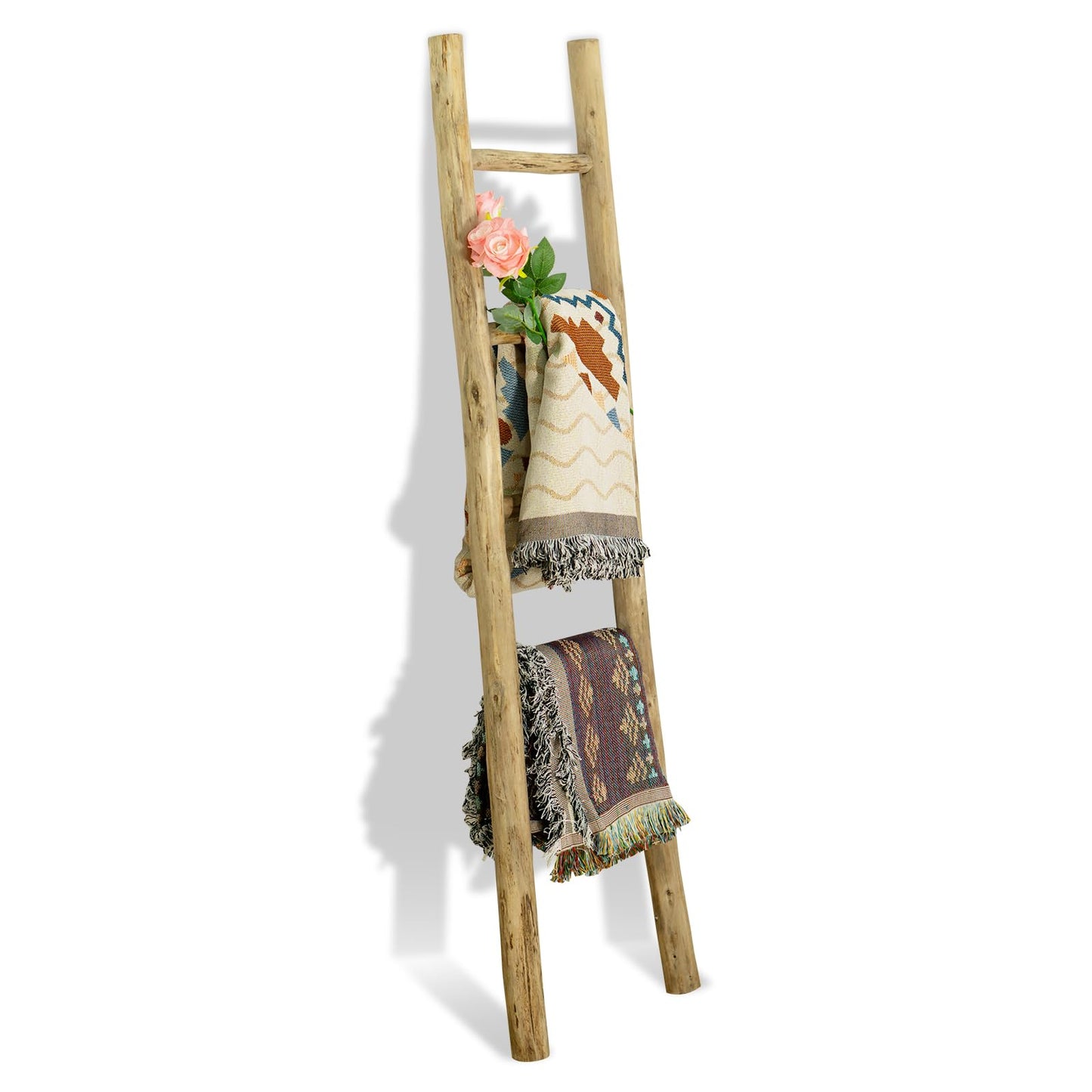 BOMINGHOME Fully Assembled Wood Ladder for Blankets, 5-Layer Structure Towel Rack, Farmhouse Style, Durable and Convenient Throw Blanket Ladder, Living Room Decoration