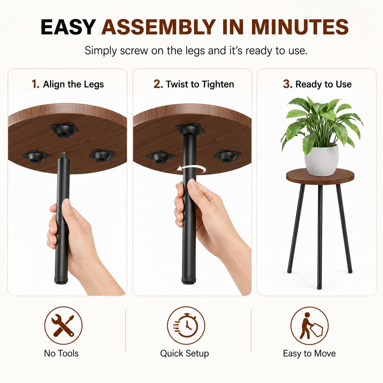 SAKSUN 2 Pack Plant Stand Set: Small Round Plants Stand Indoor Wood Grain Plant Tables with Metal Legs - Indoor Outdoor Plant Stands for Living Room, Bedroom, Patio, Balcony, Brown, 150 lbs Capacity