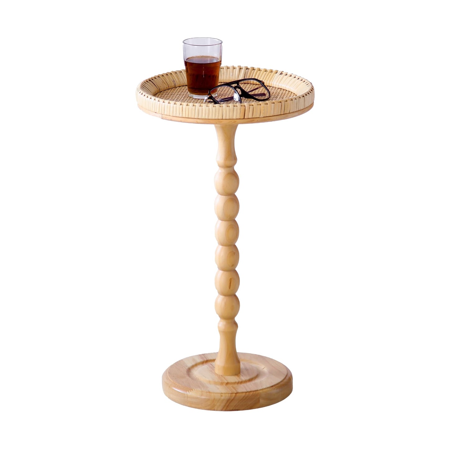 HuiDao Drink Table,Rattan Round Small Side Table for Small Spaces, Boho Circle End Table Coffee Table with Solid Wood Leg for Living Room, Pedestal Table for Bedroom, Corners