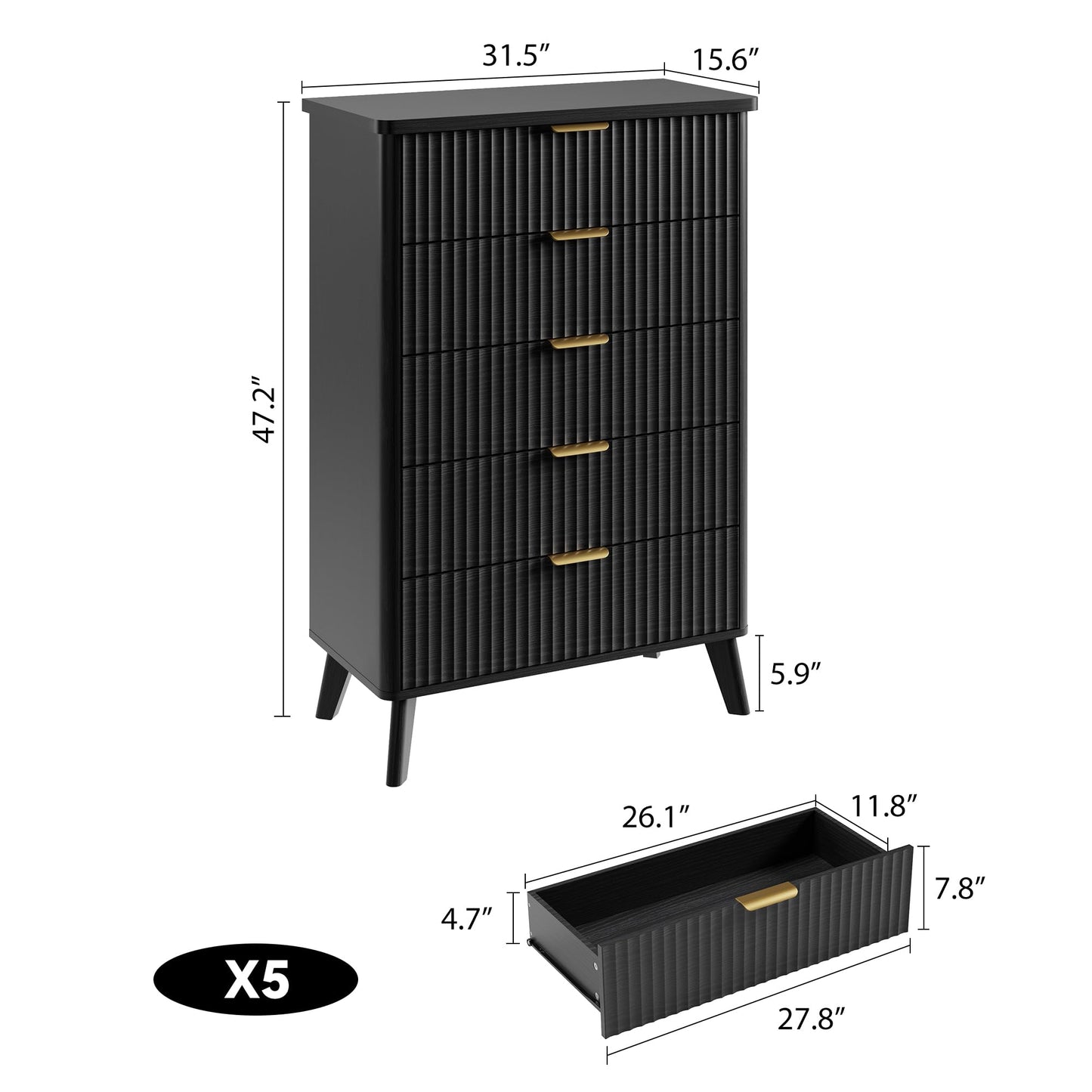 GarveeHome Fluted Dresser for Bedroom with 5 Deep Drawers, 47.2 in Tall Chest of Drawers, Curved Profile Design, Modern Wooden Dresser, for Living Room, Kids Room, Hallway, Black