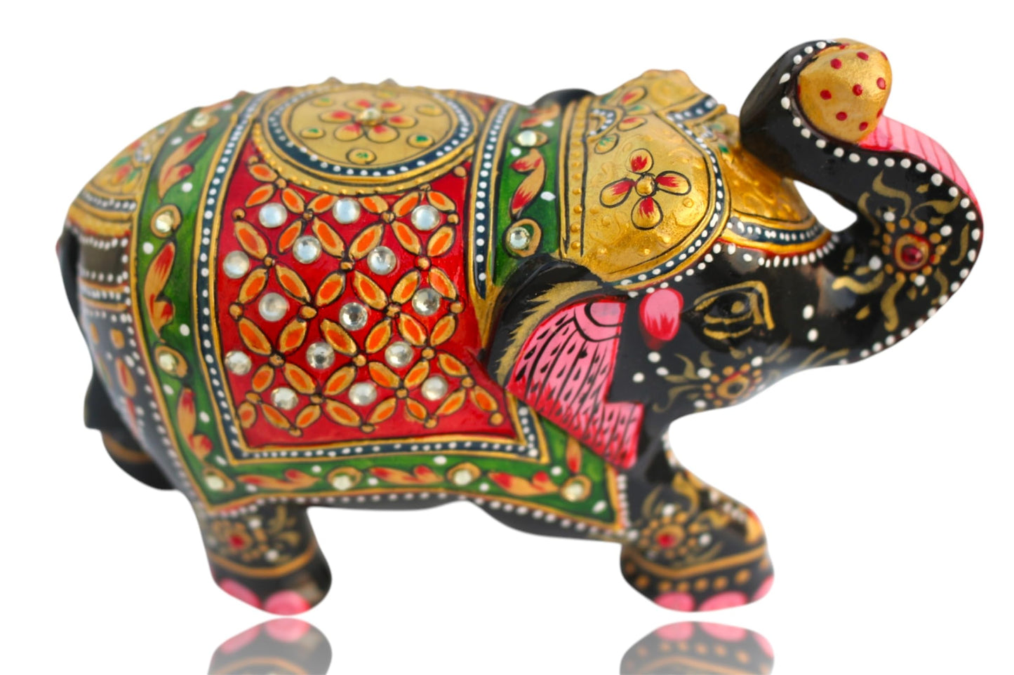 Modern Handcrafted Wooden Elephant Figurine β Trunk up Design with Gemstone Accents | Artistic Decorative Elephant Statue for Home Decor, Office, Gifts β Symbol of Protection & Wisdom (Black & Gold)