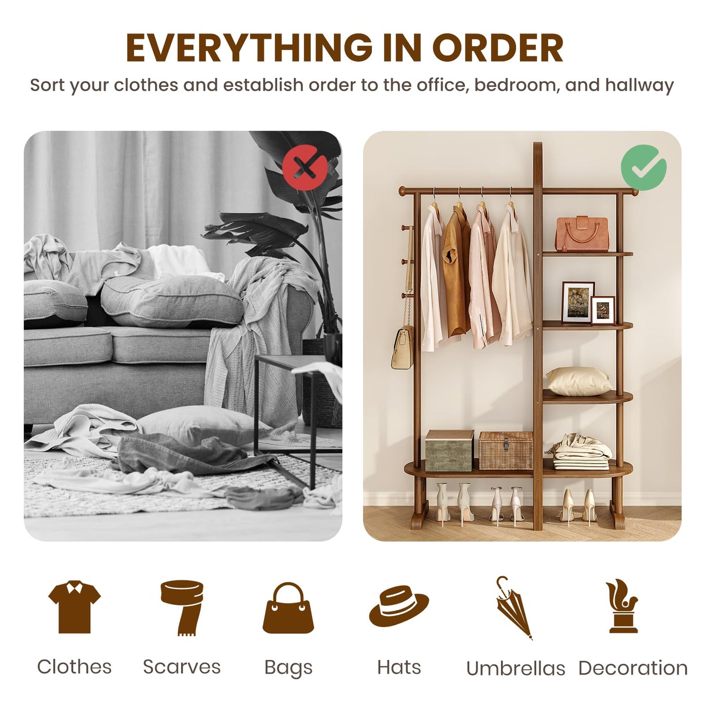 HOTAMO 41.3" Wide 3-in-1 Freestanding Clothing Rack, Wooden Coat Rack with 4 Shelves and 5 Hooks, Solid Rubber Wood Coat Rack with Shelves for Entryway, Bedroom, Living Room, Walnut