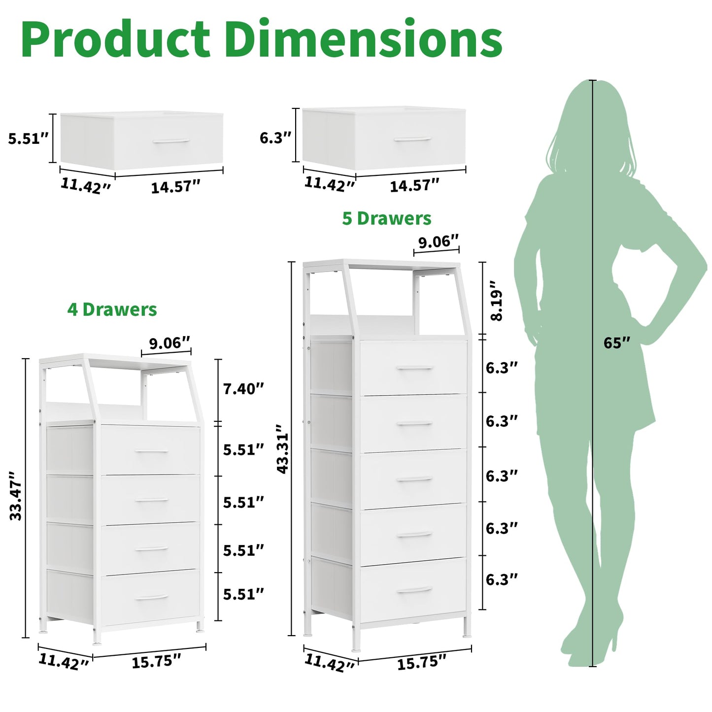 Ollieroo White Dresser for Bedroom, Storage Organizer with 5 Drawers, Vertical Fabric Storage Stand, Nightstand Bedside Table, Sturdy Steel Frame & Wooden Top