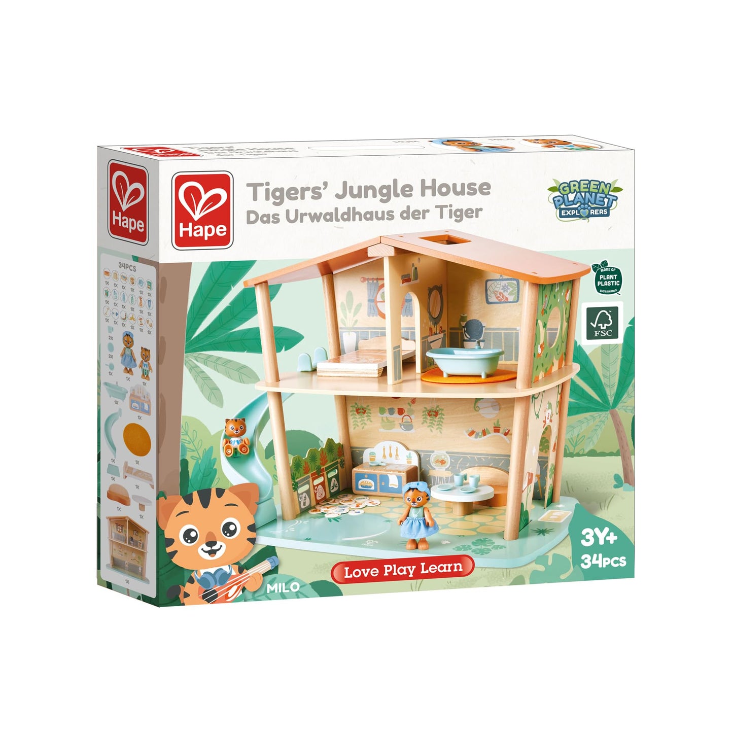 Hape Tigers Jungle House,Green Planet Explorers | Educational Toy Doll House with Furniture, for Children Ages 3+ Years