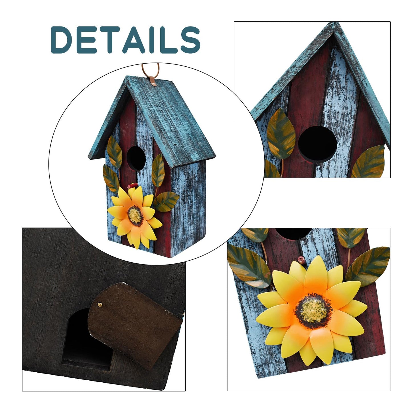 Wood Decorative Bird House for Outside Hanging Hummingbird House, Wooden Hand Painted Small Bird House Outdoors Garden Décor, Hanging Bird House for Finch Bluebird Wren Chickadee (Blue)