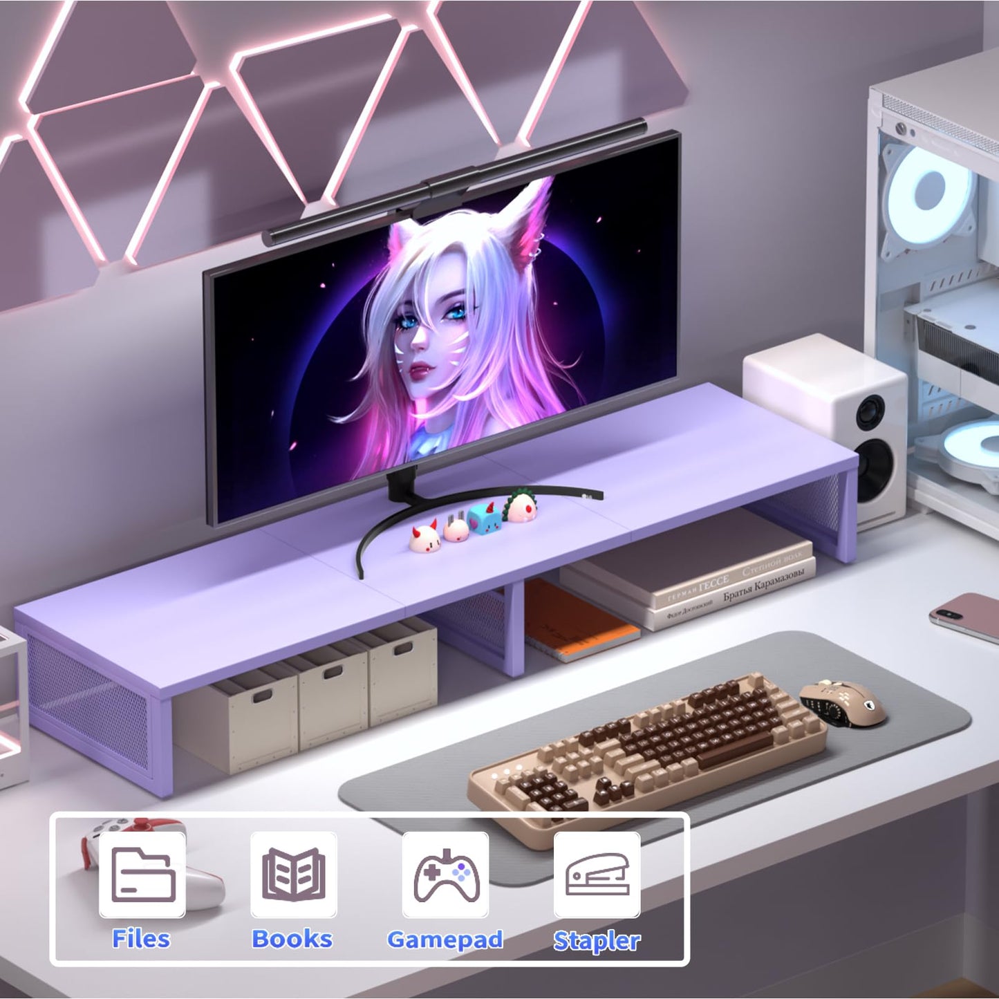 Gugsey Dual Computer Monitor Stand Riser, Desk Organizers and Accessories, Printer & TV Stand, Desk Shelf, Office Desk Accessories & Desktop Workspace Organizer for Office Supplies, Purple