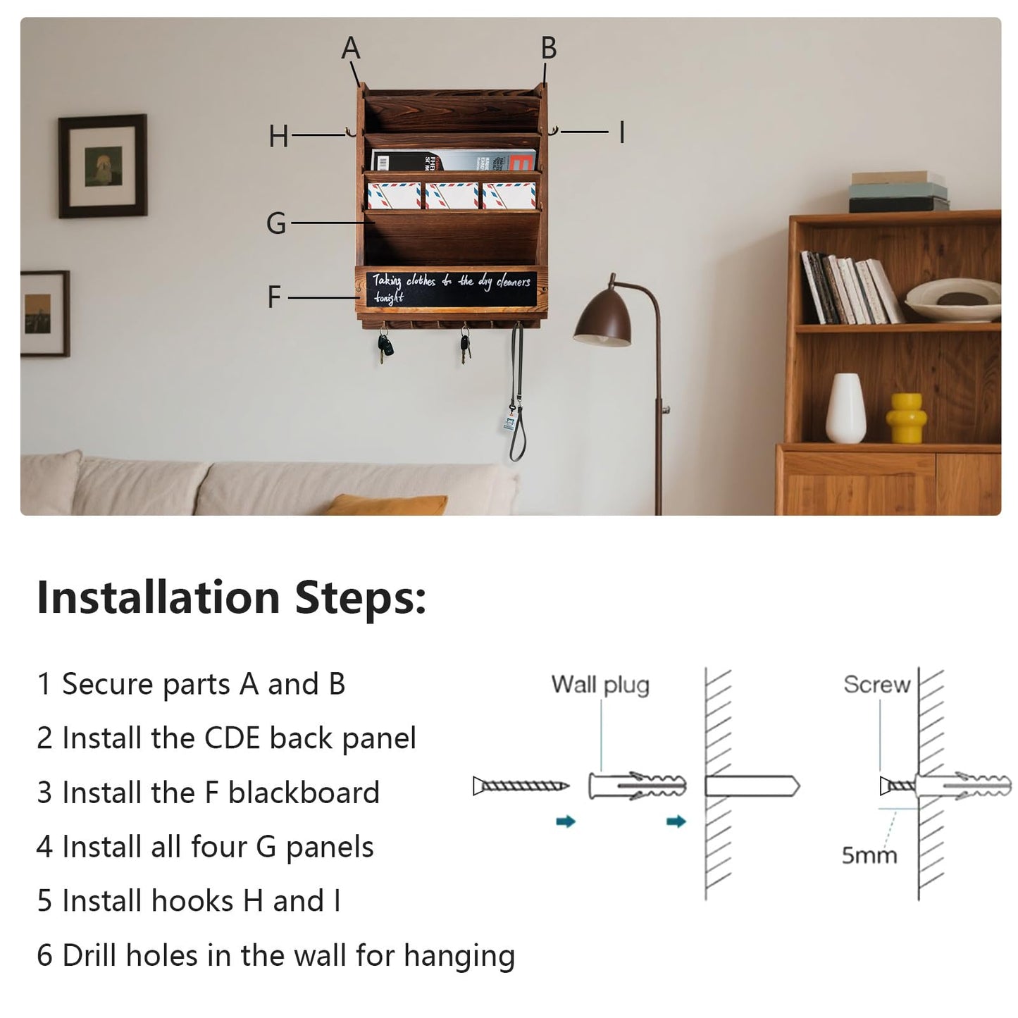 Craftmastudio Rustic wall mail organizer,Key and Mail File Holder for Wall Mount,with 6 Key Hooks 2 Double Key Hooks A blackboard,for Home,Office, Classroom,Entryway Decor (brown)