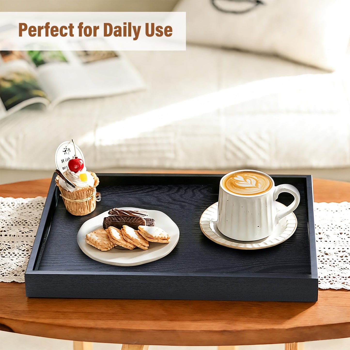 Wooden Serving Tray with Handles, 16.9 Inch Coffee Table Tray for Daily Use, Farmhouse Wood Tray for Breakfast, Lunch, Dinner, Home Kitchen Dining Tabletop Decor, Ottoman Decorative Tray, Black