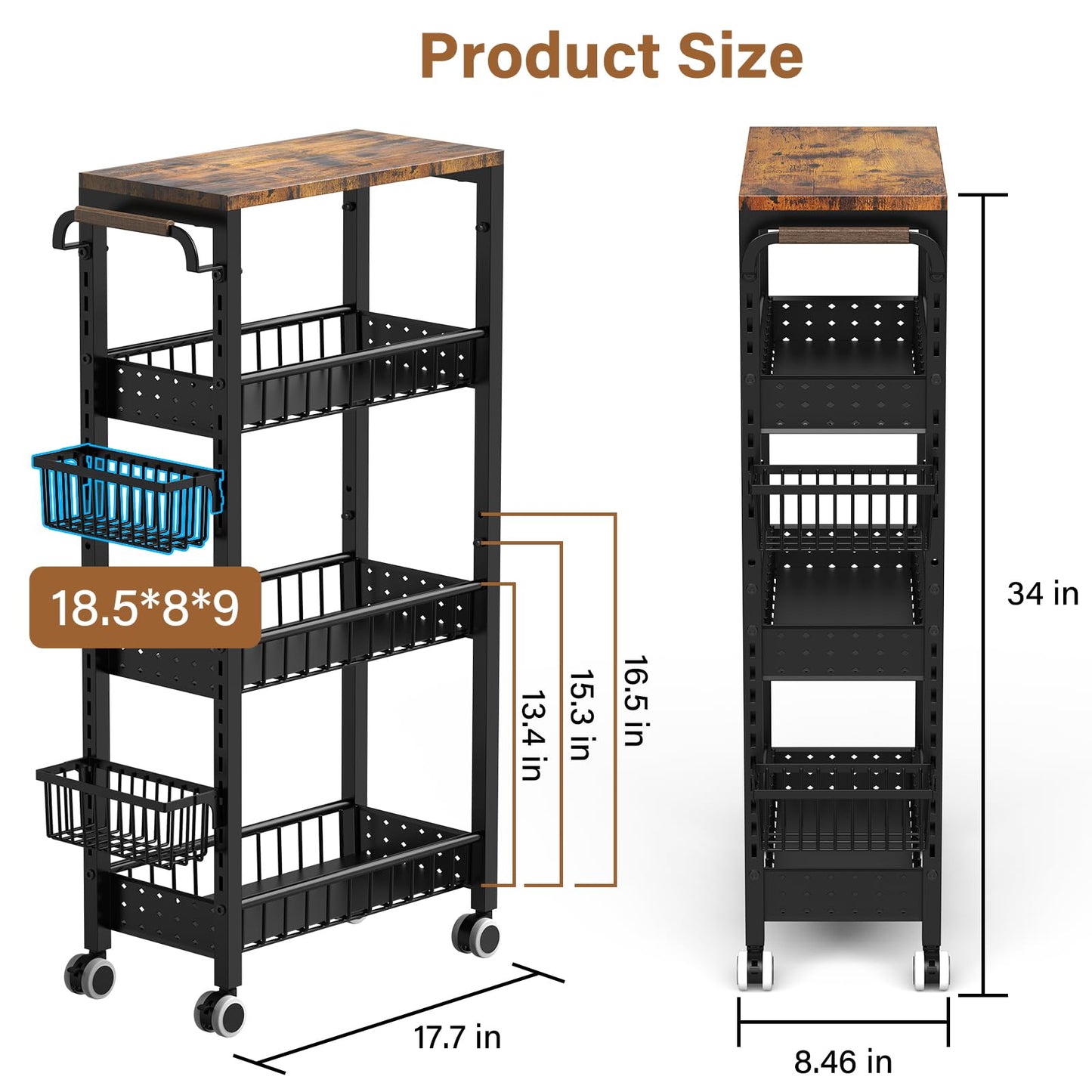 7.8 Inch Ultra-Slim 4-Tier Rolling Storage Cart with Adjustable Shelves - Lockable Wheels & Wooden Top for Narrow Spaces Between Washer/Dryer, Bathroom, Kitchen Organization (Black)