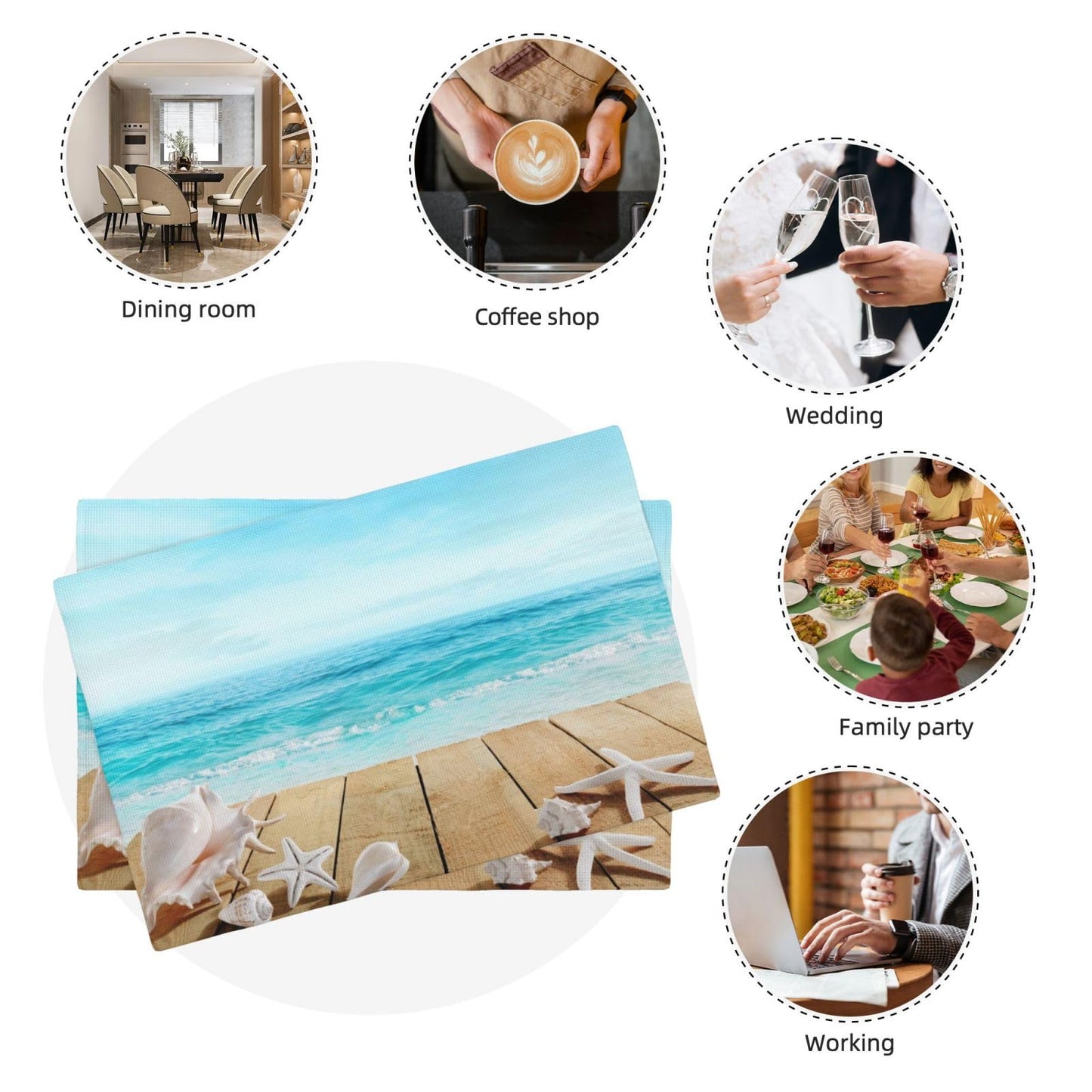 Seashells Placemats Set of 4 Wooden Boardwald Sunshine Vacations Beach Theme Reusable Linen Table Mats Wipeable Rectangle Place Mats for Home Kitchen Dining Decoration 12x18 Inch