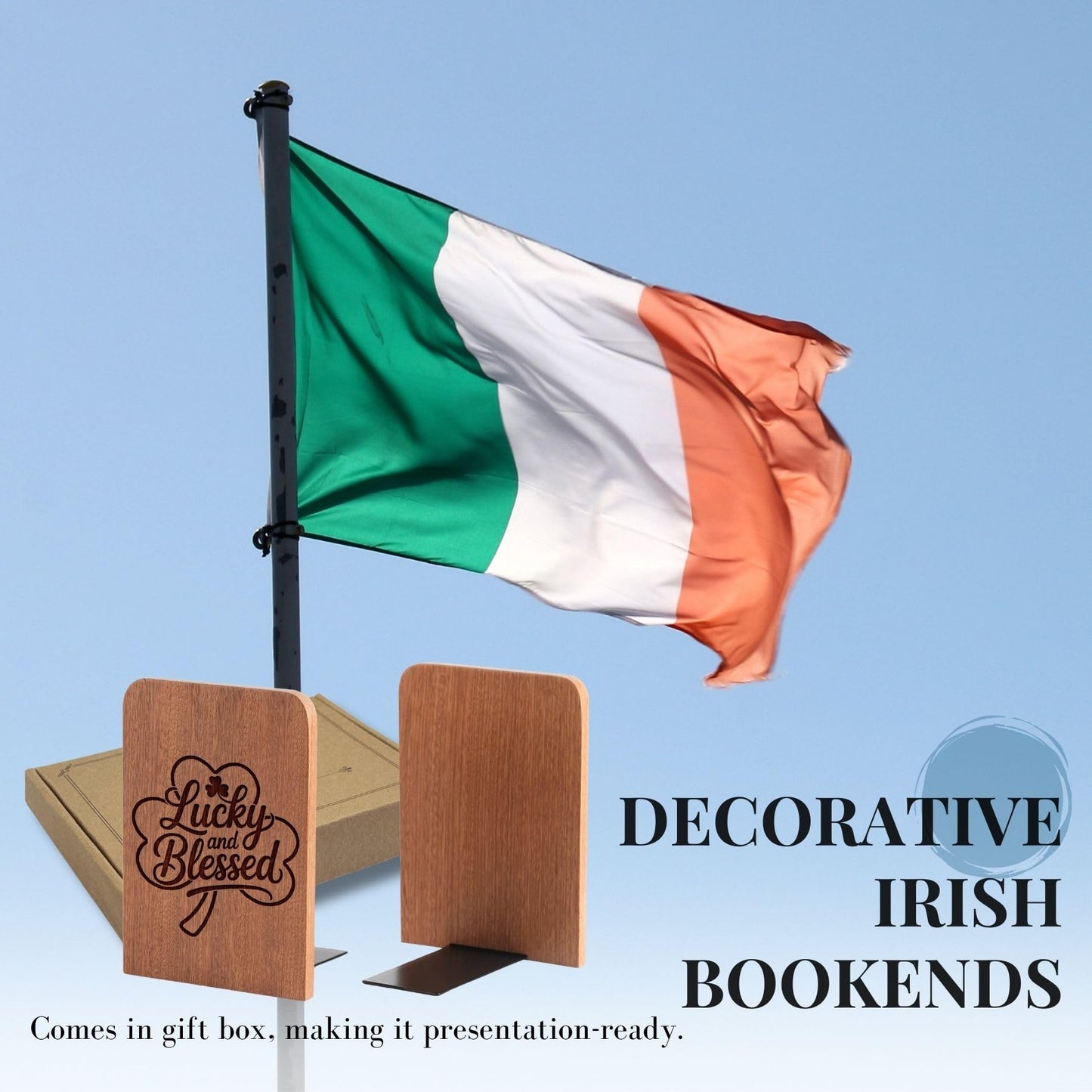Irish Gifts, Irish Themed Bookends, Heavy Duty Wooden Bookends for Shelves Decorative(1 Pair, 4.72x6.69 Inches)