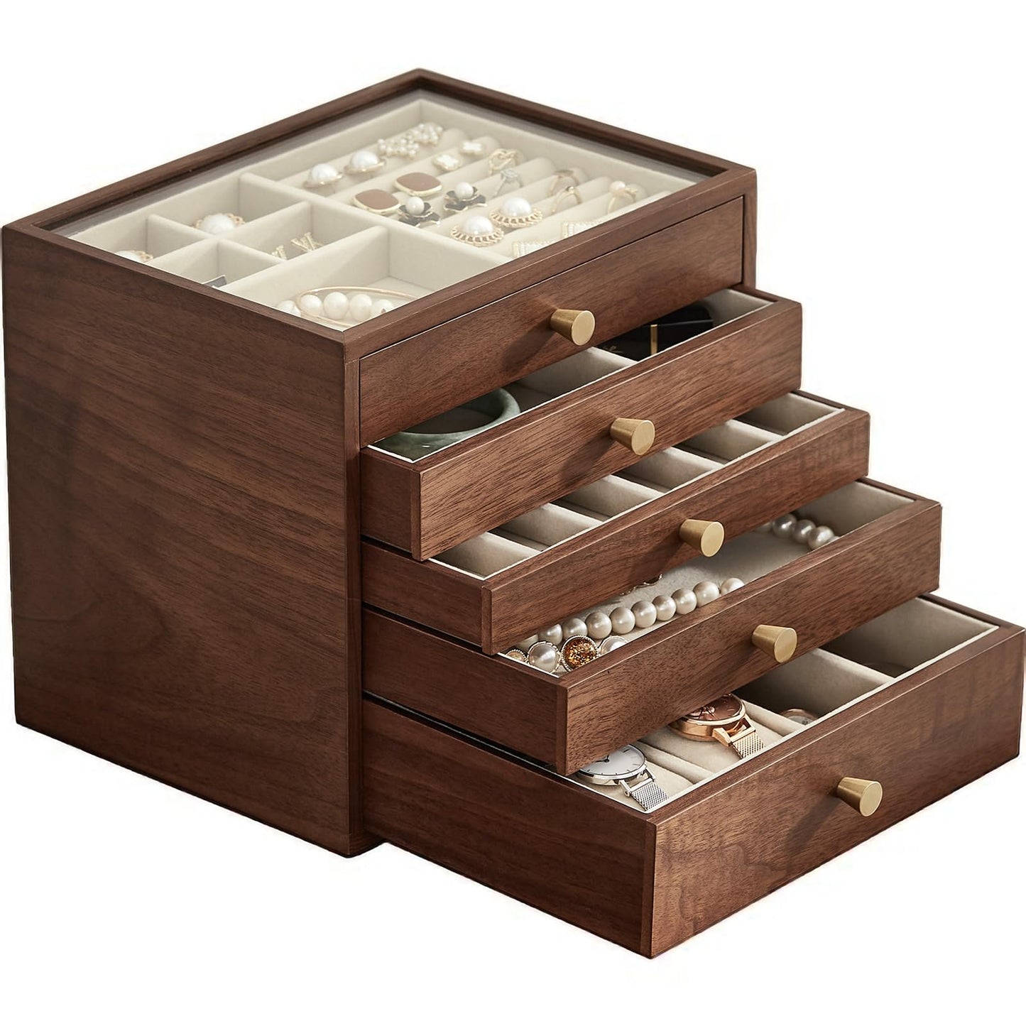 Homruilink Black Walnut Wooden Jewelry Box Women large 5 Layer Drawer Wood Organizer Box with Glass Lid for Necklaces, Watch, Necklace, Ring, Earring Storage - Fathers Day Gift