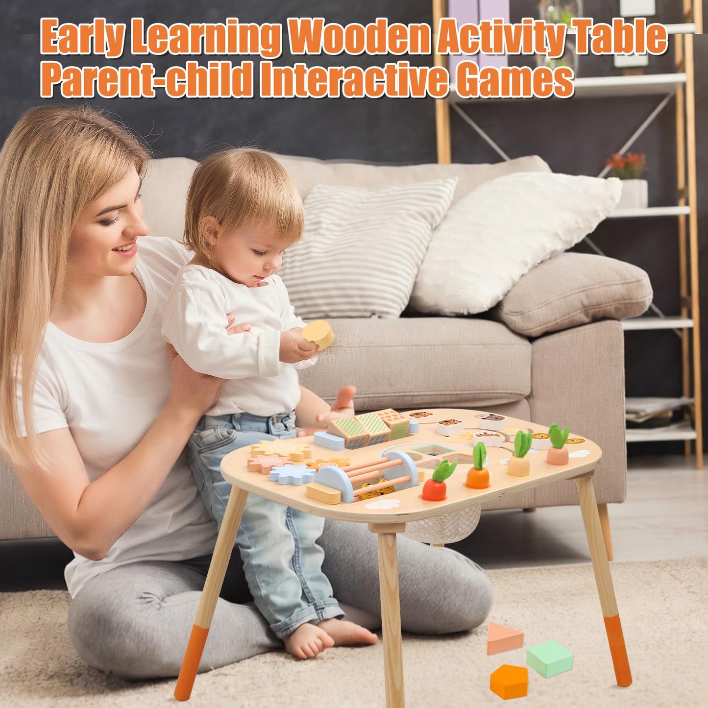 Wooden Activity Table for 1 Year Old Toddlers Sensory Table Activity Center 1-3 2 Baby Activity Table Kids Gift Game Wooden Montessori Table Shape Sorter Sensory Toys (Length*Height: 17"*11.8")