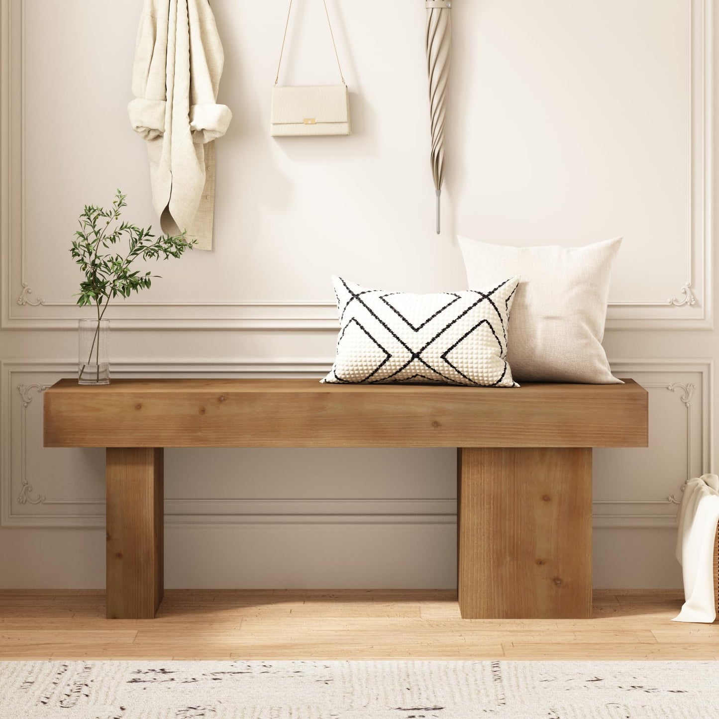 WINWY Farmhouse Solid Wood Entryway Bench, 47.3" Rustic End of Bed Bench for Bedroom, Handcrafted Accent Seating for Dining, Kitchen, Hallway, Living Room - 15 Min Assembly