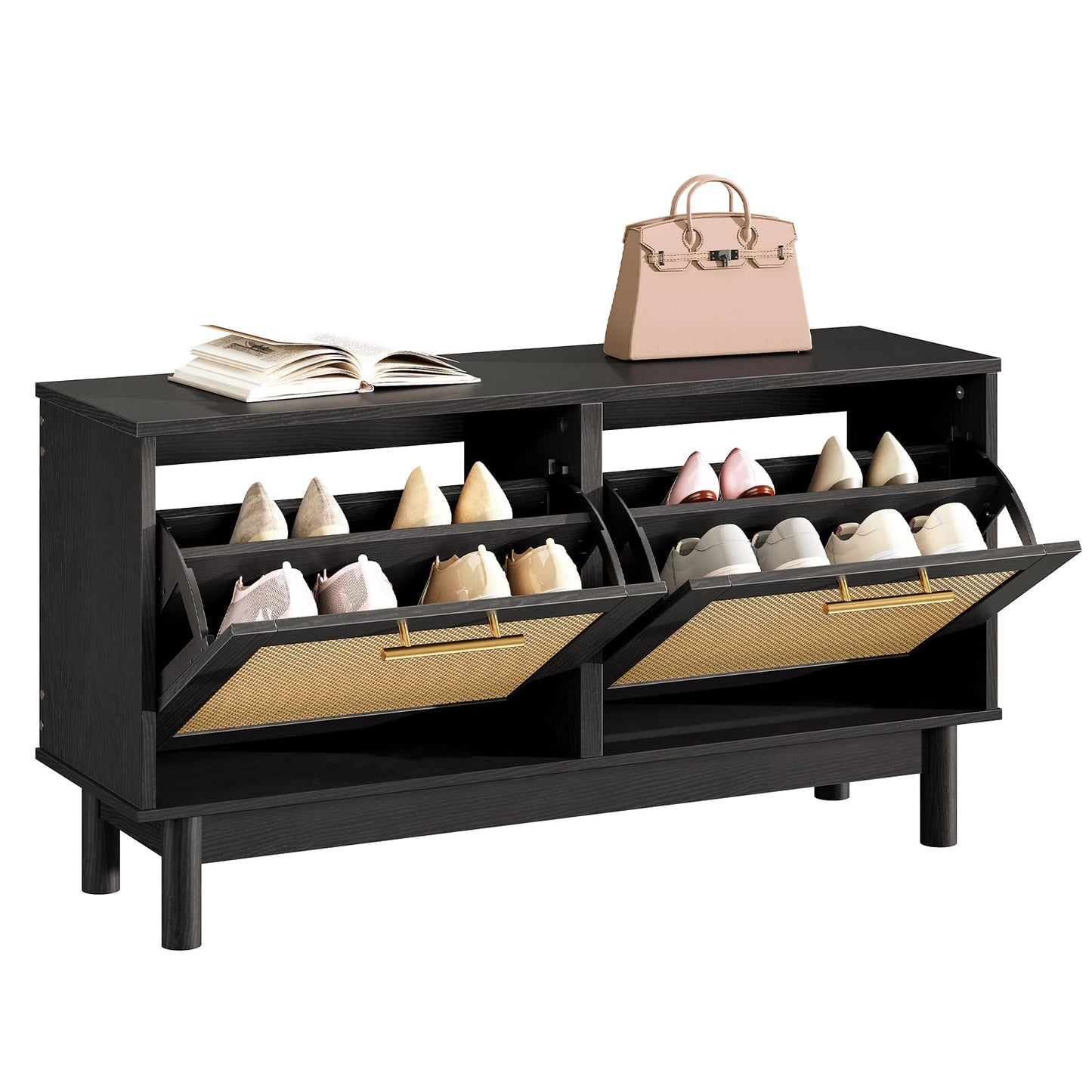 HOOBRO Rattan Shoe Storage Bench with Double Flip Drawers, Narrow Shoe Storage Organizer for Entryway, 11.8" D x 39.4" W x 20.9" H, Hidden Space Saving Wooden Shoe Cabinet for Hallway, Black BN51HX01