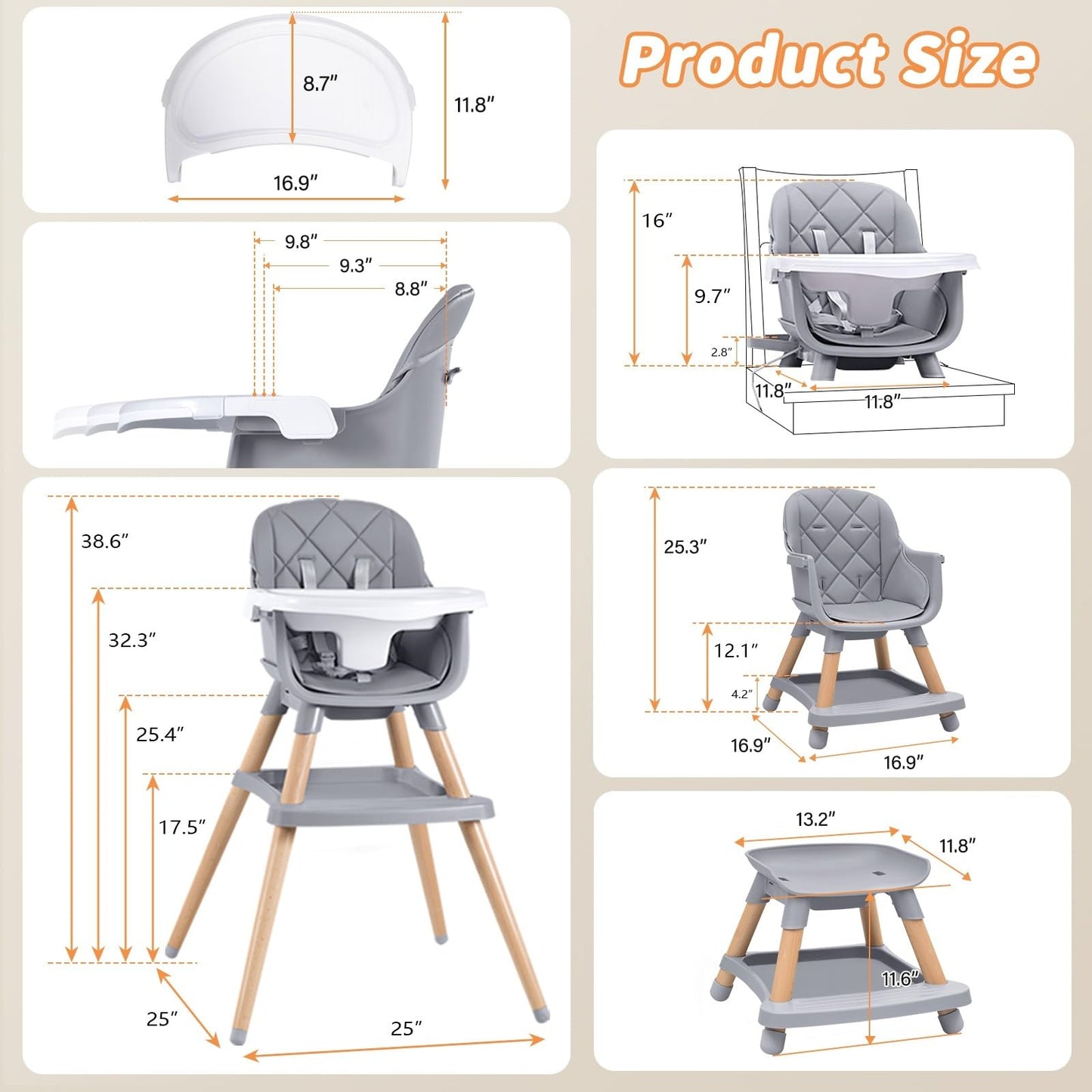 Babyliebe Baby High Chair, 8 in 1 Convertible Wooden High Chair for Babies and Toddlers, Converts to Booster Seat, Toddler Chair & Stool, with Removable Double Tray, Adjustable Legs & Footrest (Gray)