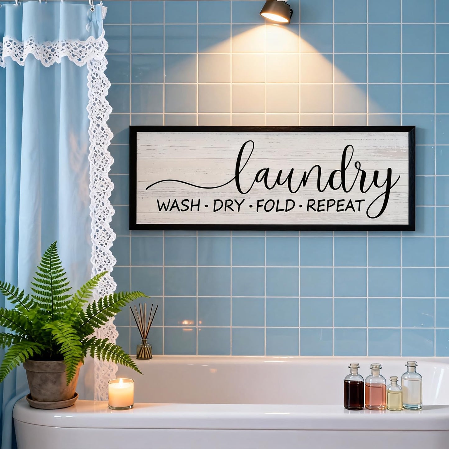 Wash Dry Fold Repeat Wooden Sign Framed Wall Art, Horizontal Motivational Laundry Room Quote Wood Plaque above the Bathtub, 32''×12'' Farmhouse Long Saying Wood Sign Wall Decor for Washing Room