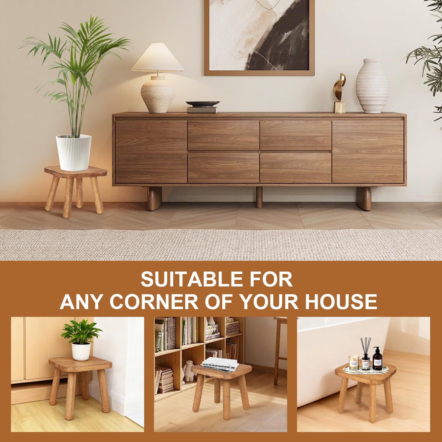 NtrlQidu Solid Wooden Stool 9.3''H Wooden Plants Stand Wooden Decorative Stool Small Wood Stand for Bathroom Bedroom Livingroom Kitchen Bathroom