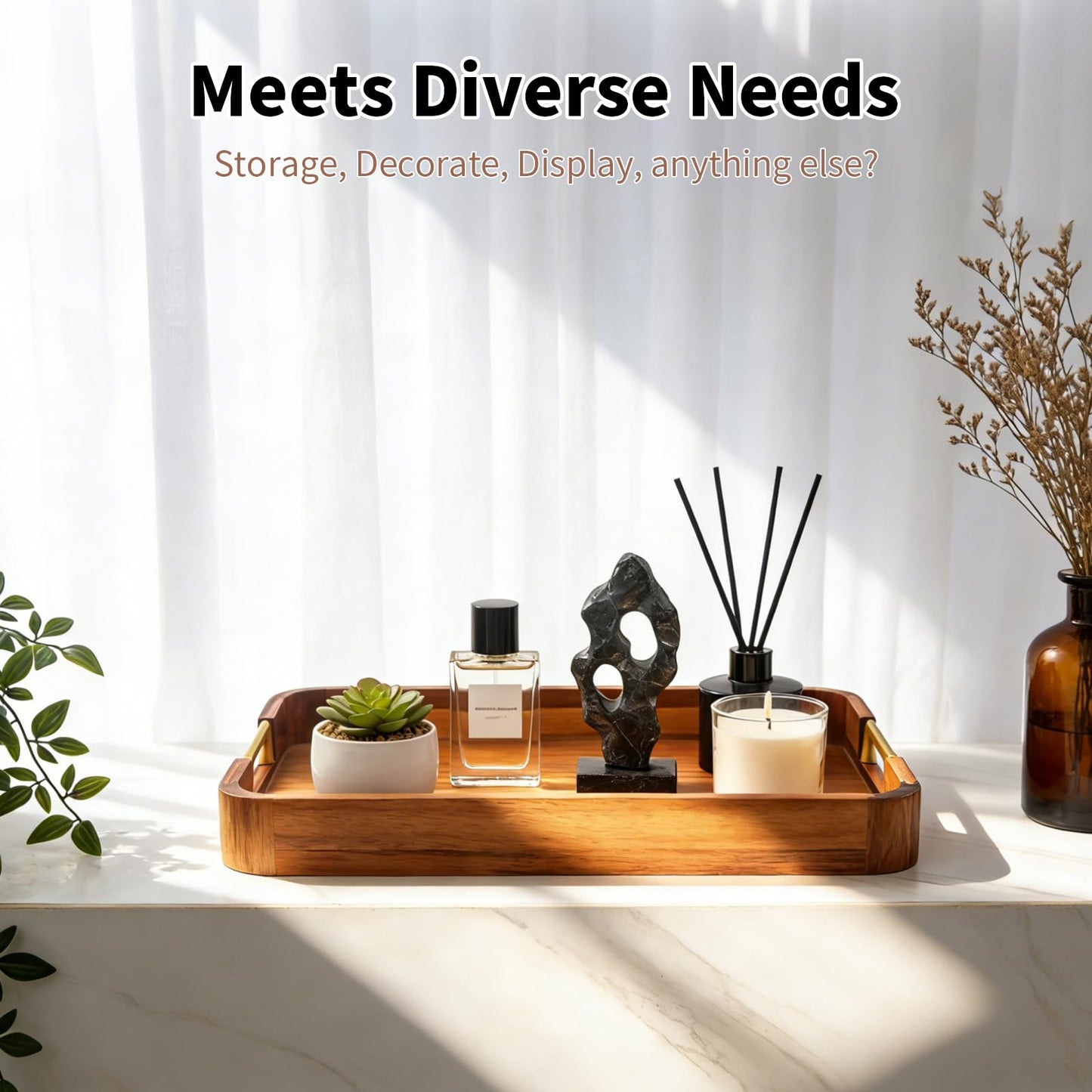 Wooden Serving Tray with Handle 16.7″ Acacia Wooden Tray for Ottoman Rectangle Ottoman Table Tray Serving Tray for Ottoman Decorative Tray for Dinner Breakfast Entertaining Guests