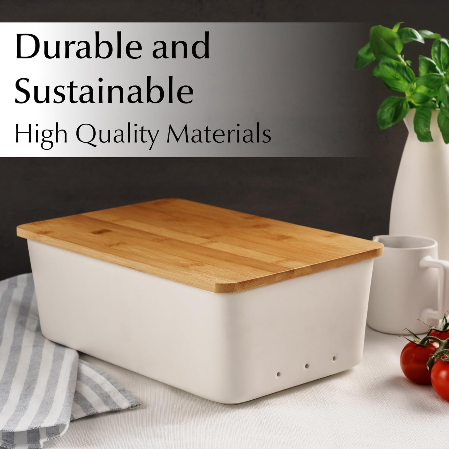 MIAMIO β Bread Box for Kitchen Countertop/Ceramic Bread Box with Cutting Board, Bread Container with Bamboo Lid, 12.6 x 7.9 x 4.5 inches