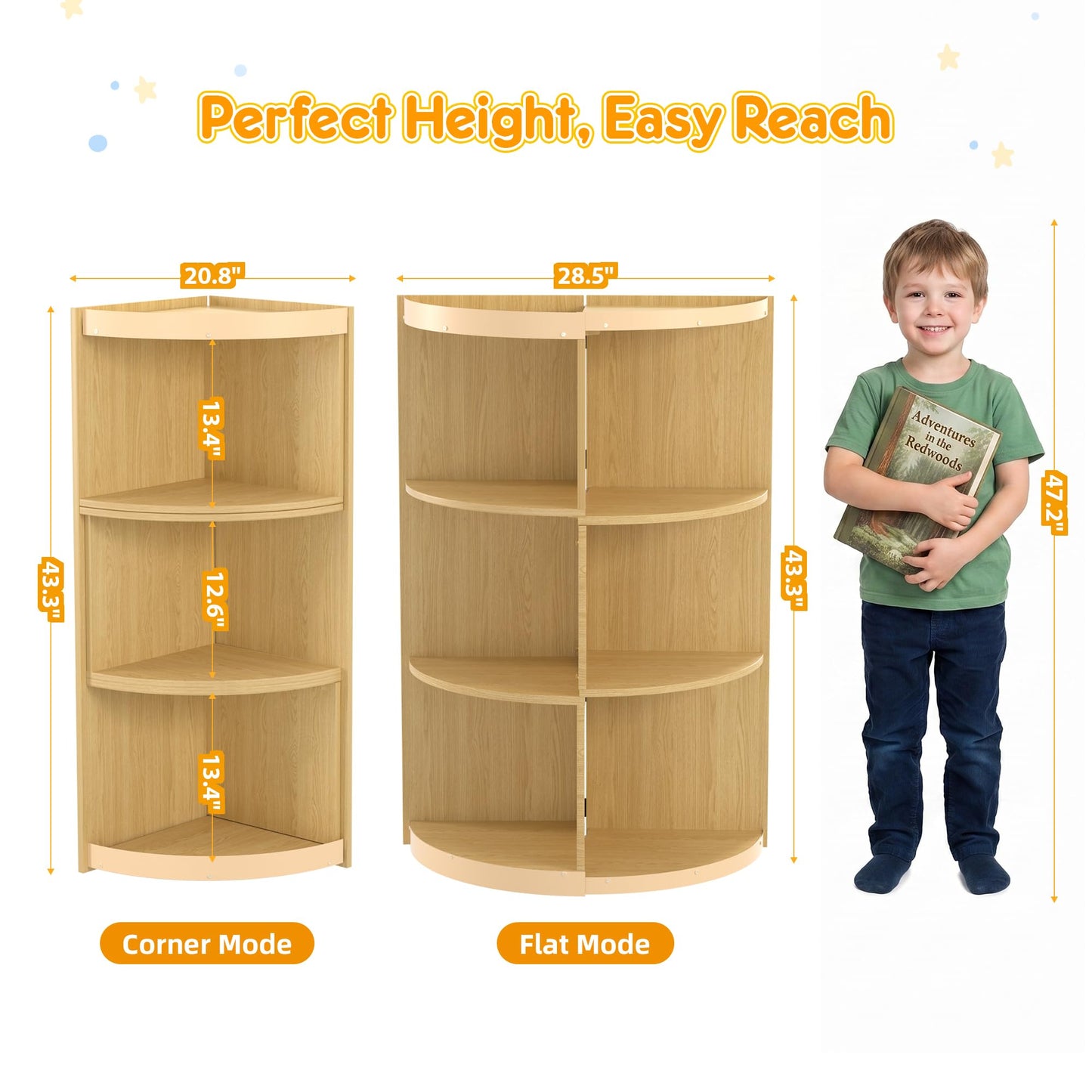 HAVLOTII Wooden Corner Kids Bookshelf, Extendable 3 Tier Montessori Bookcase for Children, Toy Storage Organizer, Space-Saving Book Shelf for Kids Rooms, Classroom, Playroom, Nursery, Daycare