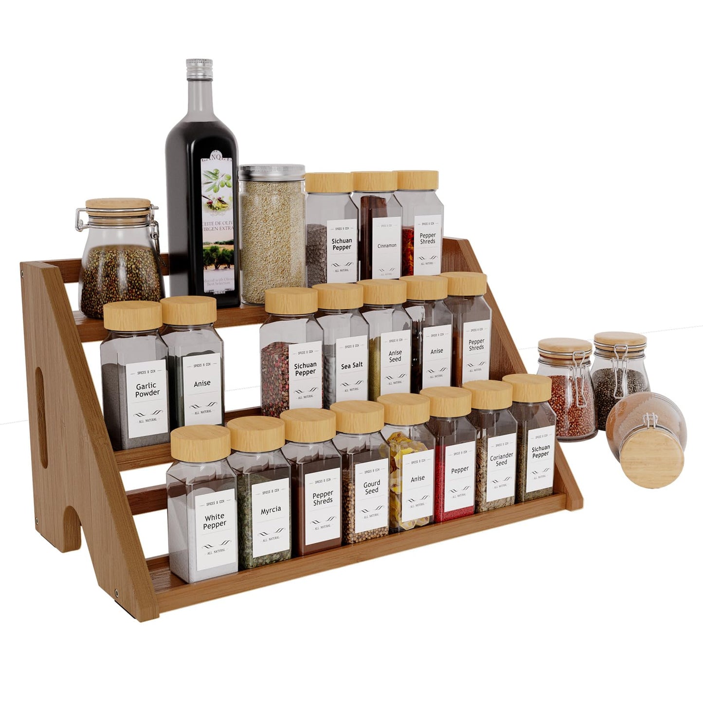 CCHIDG Bamboo Spice Rack Organizer -3-Tier Spice Rack for Countertop,Cabinet Spice Rack Organizer for 24 Spice Jars(4oz),Step Shelf (Walnut)