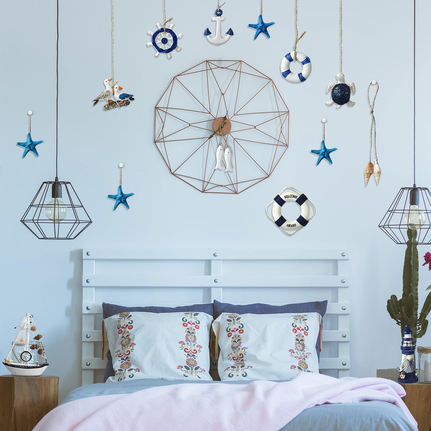 Yousoontic 14 Pack Mini Wood Nautical Home Decor Mediterranean Style Lighthouse, Beach Chair, Sailboat, Wood Box, Anchor, Life Ring, Starfish, Fish Pendant, Swimming Ring, Long Conch, Helmsman, Birds