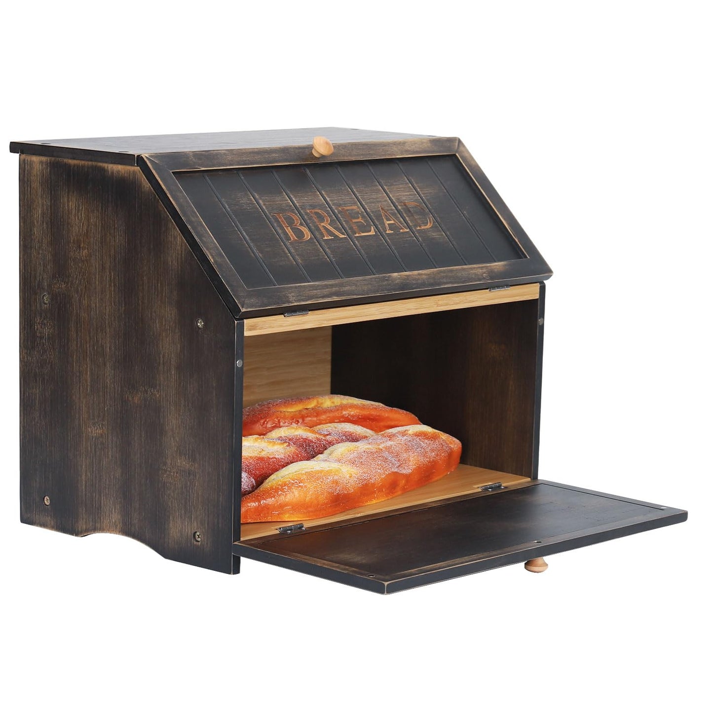 HOMEKOKO Double Layer Large Bread Box for Kitchen Counter, Retro Design Wooden Large Capacity Bread Storage Bin (Vintage Black)