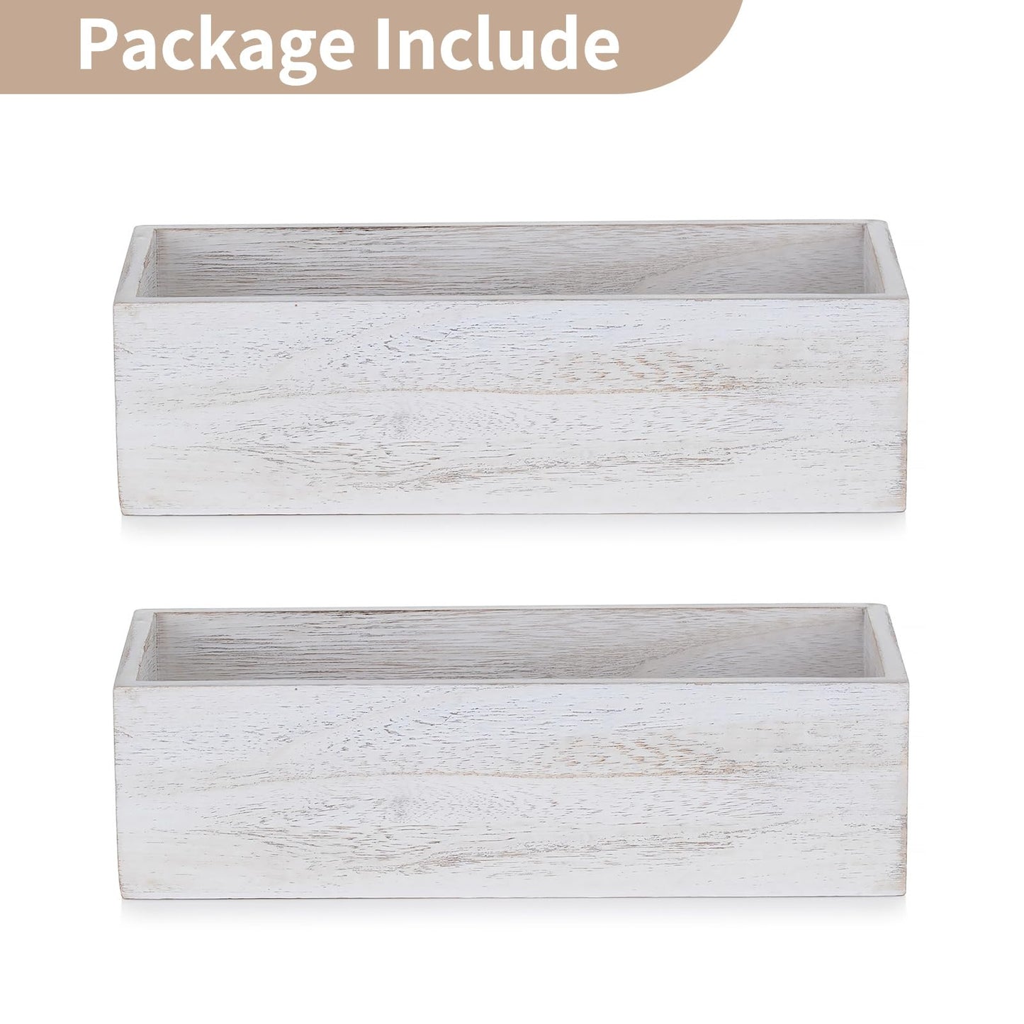 NUPTIO Wooden Box Centerpiece for Table: 2 Pcs 11.8" Long Wood Rectangle Planter Boxes - Farmhouse Washed White Planters for Fall Wedding Dining Living Room Window Mantel Table Decor