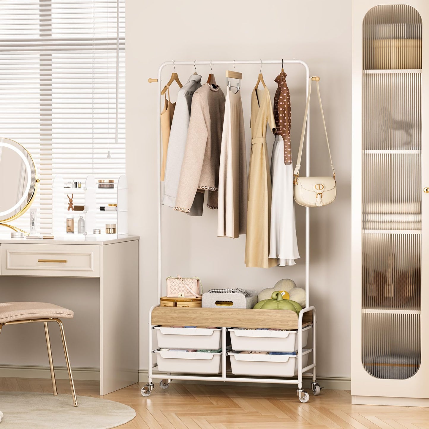 APEXCHASER Clothes Rack, Clothing Rack with Drawer,Rolling Metal Garment Rack for Hanging Clothes, Suitable for Bedroom Closet Living Room(White)