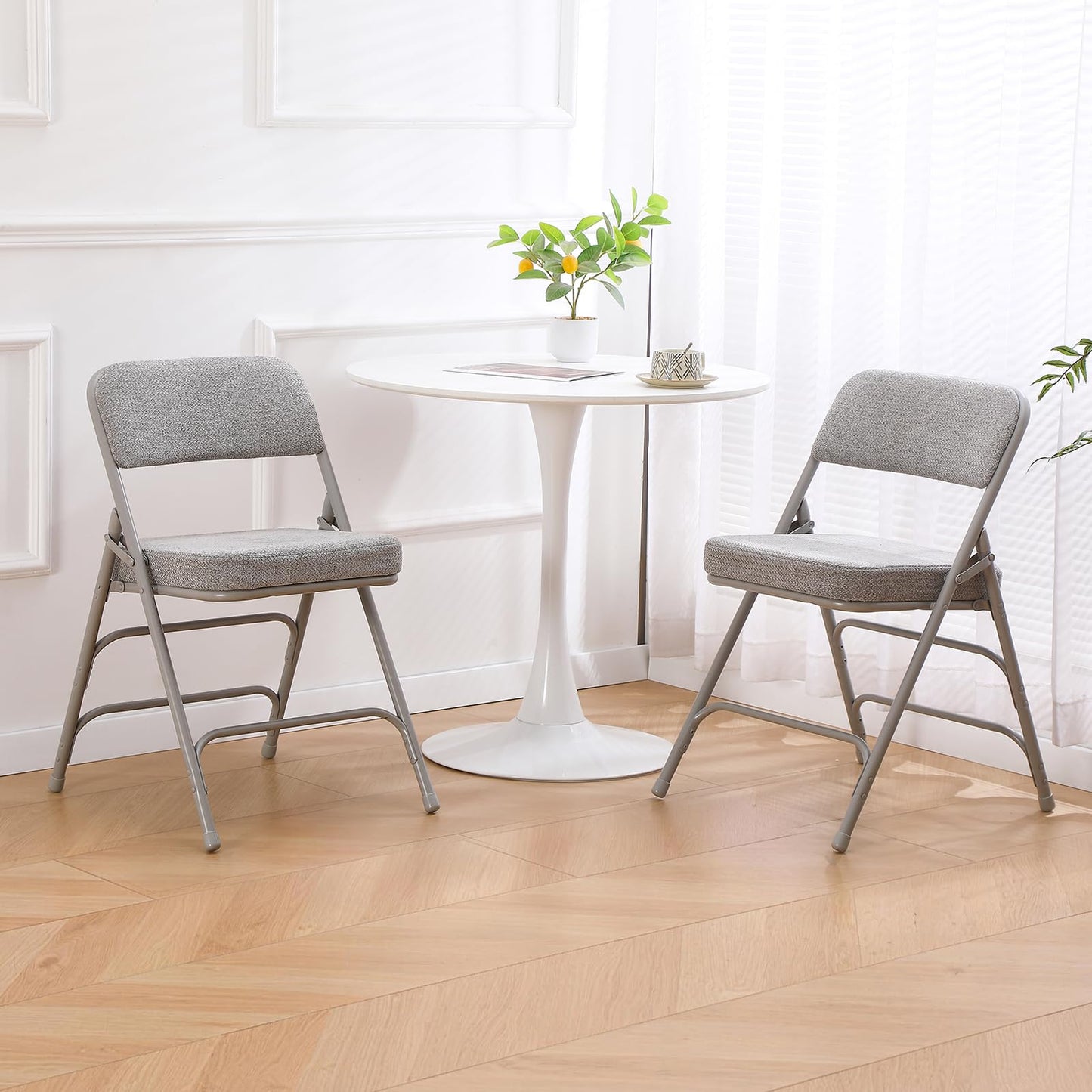 TAO ONE Padded Folding Chairs - Comfortable Folding Chair with Cushion - Heavy Duty Metal Folding Chair Upholstered Fabric Padded Seat - Cushioned Folding Chairs for Indoor Office Vanity -Grey