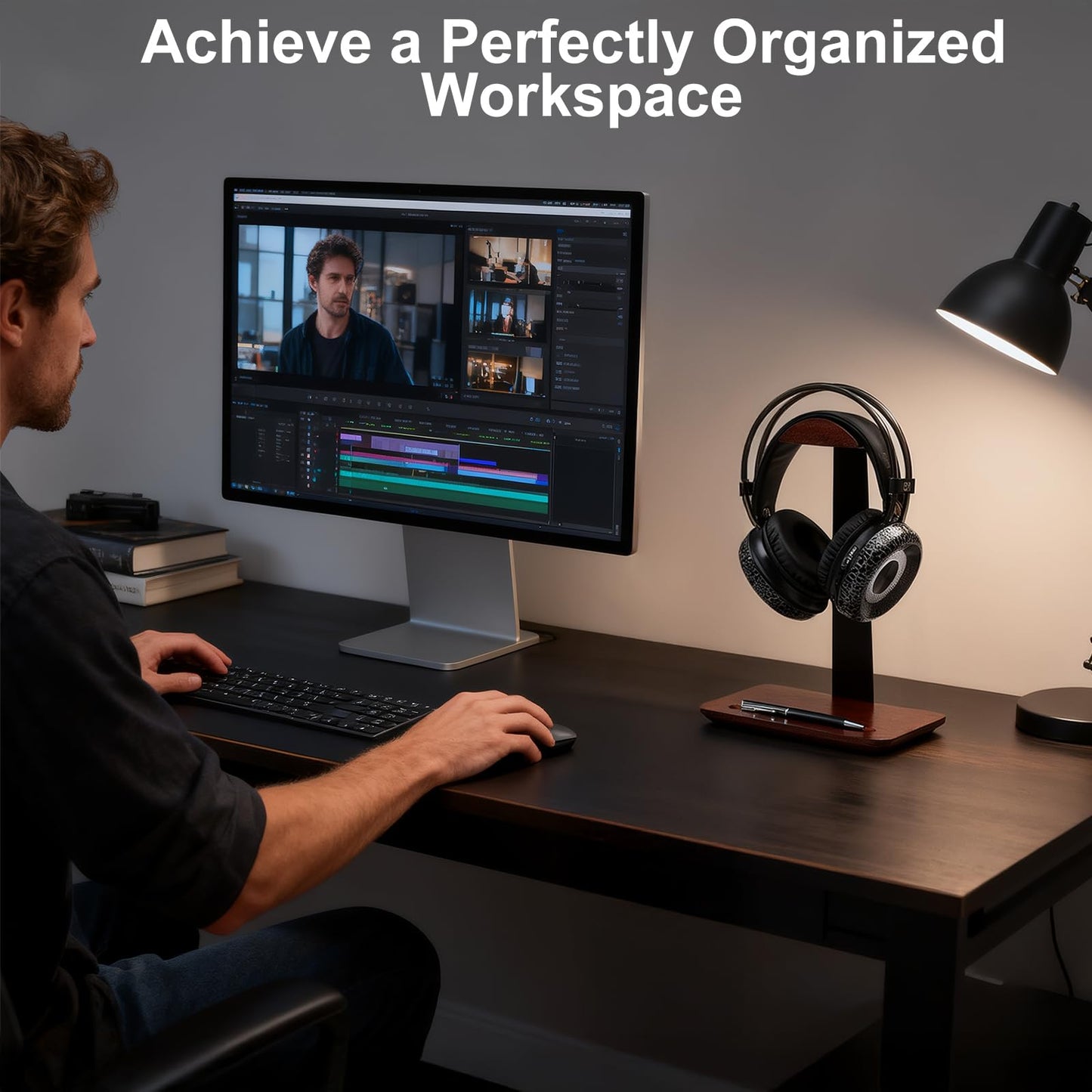 Vruelia Walnut Wood Headphone Stand with Pen Holder
