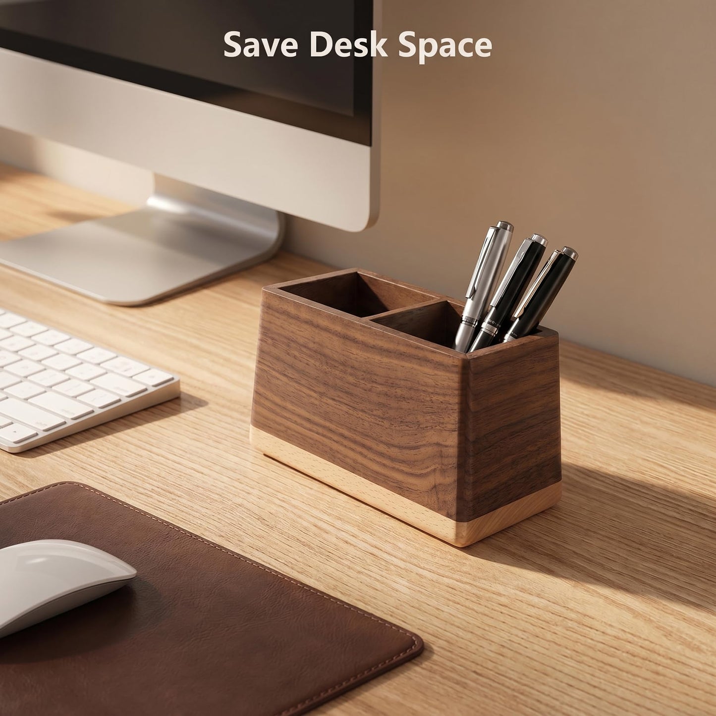 Sakulaya Walnut Pencil Holder Wood Pen Holder for Desk Multiple-Use Desk Writing Stationary Organizer Office School Supplies Storage Double Slots Trapezoid Shape