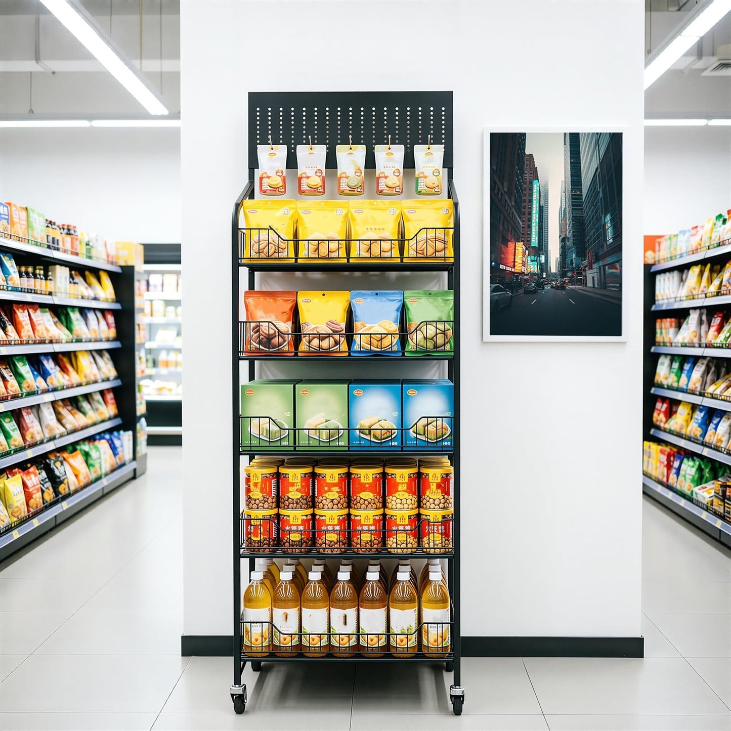 5-Tier Metal Display Rack Large Snack Shelving Unit with Hanging Panels and 12 Hooks 4 Casters for Easy Mobility Freestanding Display Unit Ideal for Supermarkets and Retail Stores (65.23H*23.8W*10.4D)