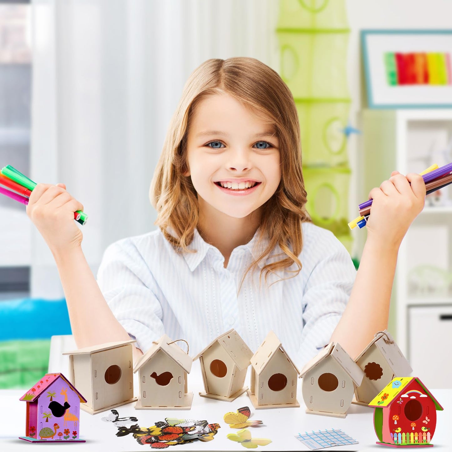 Sawysine 93 Pcs DIY Birdhouse Kits for Kids to Build, 36 Wooden Bird House 6 Shapes and 57 Butterfly Sticker for Children Summer Craft Activity Art Project DIY(Multiple Entrance)