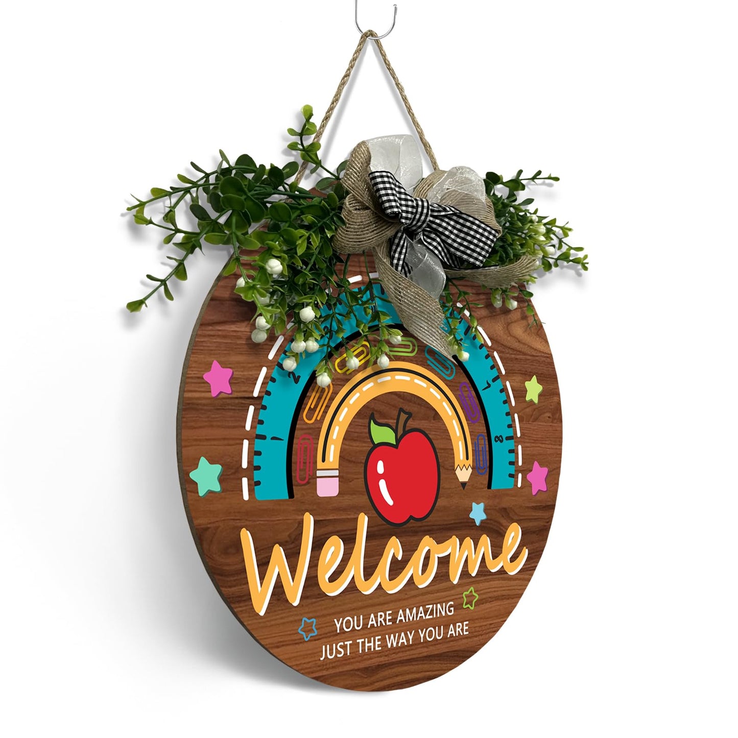 Dacawin Teacher Classroom Door Sign Wooden Welcome Door Sign for Classroom Apple Star Flower Teacher Wreath for Classroom Door Rainbow Hanging Plaque Kids Classroom 12 inch