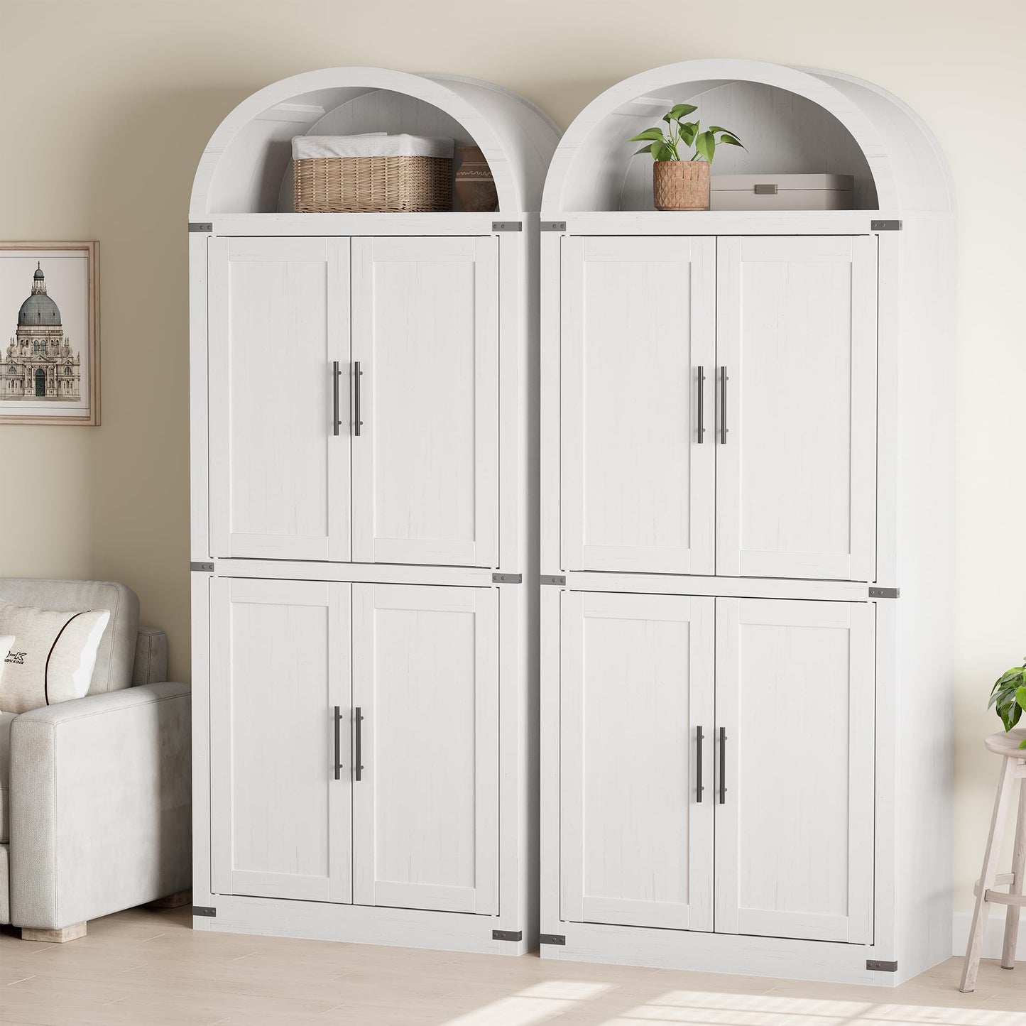 IDEALHOUSE 71.6" Kitchen Pantry Cabinet, 5-Tier Arched Display Cabine with Doors, Bookshelf, Arched Bookcase, Modern Fluted Wooden Storage Organizer Cabinet for Living Room, Dining Room,Kitchen,White
