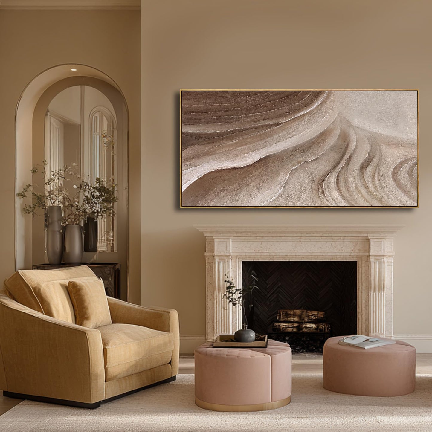 MLART99 Abstract Canvas Wall Art Earth Tone Flowing Texture Design Modern Wall Decor Brown Beige Landscape Artwork Wood Frame Home Decor for Living Room Bedroom Office 24x48 Inch