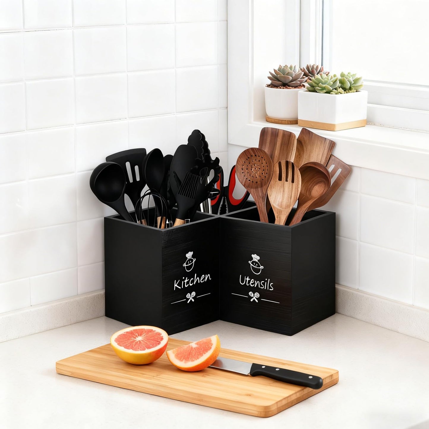 Wooden Kitchen Utensils Holder with 3 Compartments, Large Wooden Large Utensil Caddy Organizer for Counter, Utensil Organizer for Kitchen Countertop, Cooking Utensil Crock for Silverware Spoon Spatula
