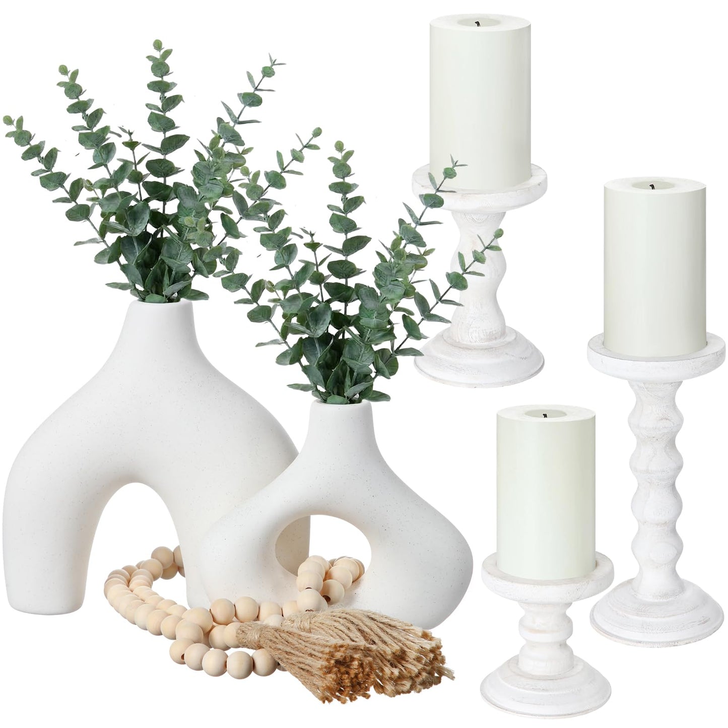 LemonRoad Farmhouse Fireplace Home Decor Set of 6 with 3 Pack Rustic Wooden Pillar Candle Holders, 2 Set Modern Vase for Living Room, 58'' Wood Bead Garland Tassels, Tabletop Dinning Buffet Decor