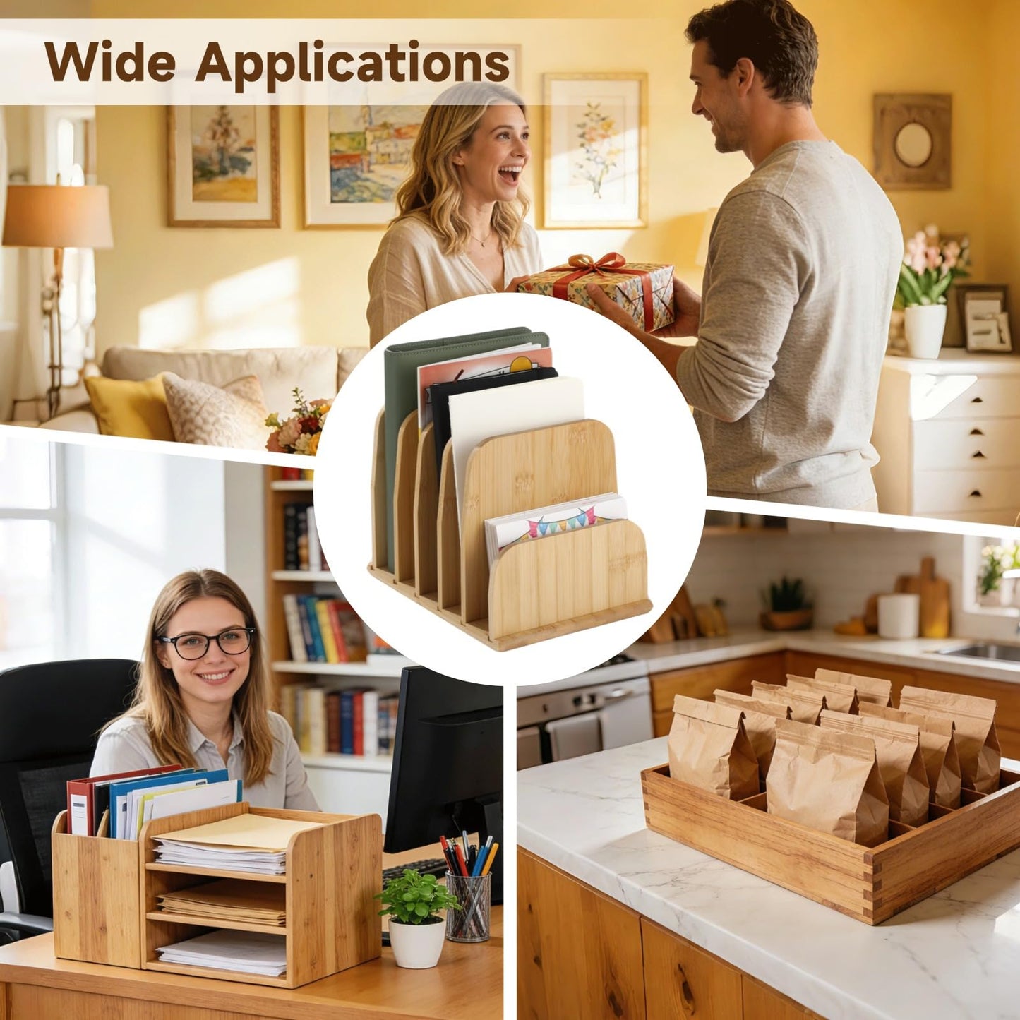 NIMBLOOM Wooden Desk File Organizer, 5 Slot Letter Envelope Paper Bill Filing Organizer, Compact Countertop Mail Sorter Holder, Desktop Folder Storage, 9.8 x 7.09 x 7.09 in