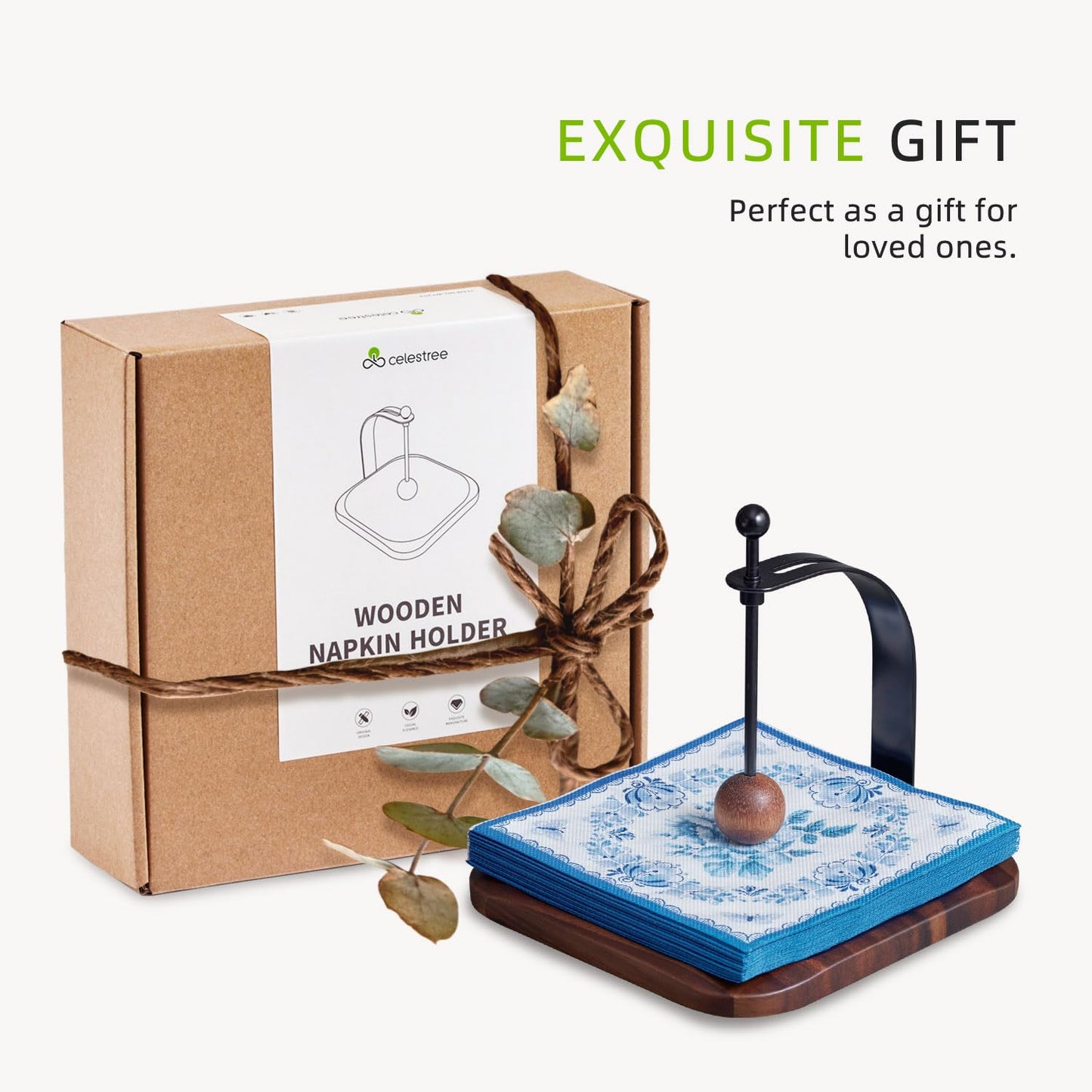 Celestree South American Rain Wood Napkin Holder for Table - Nordic Style Wooden Cocktail Napkin Holder Fits 5-7" Napkins - Windproof Dispenser for Kitchen, Coffee Bar, Cocktail Bar (Gift Idea)