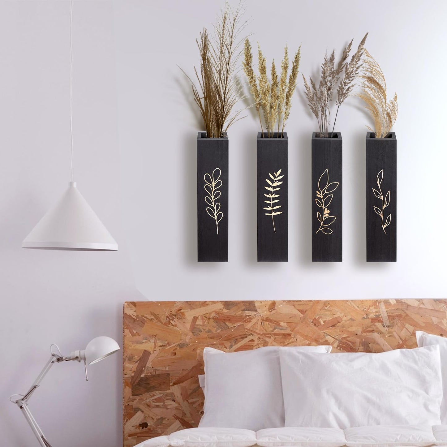 BOTOP Wood Wall Planter, Farmhouse 4 Pack Indoor Pocket Wall Vases Decor for Living Room Bedroom Dried Flowers Faux Greenery Plants (Black)