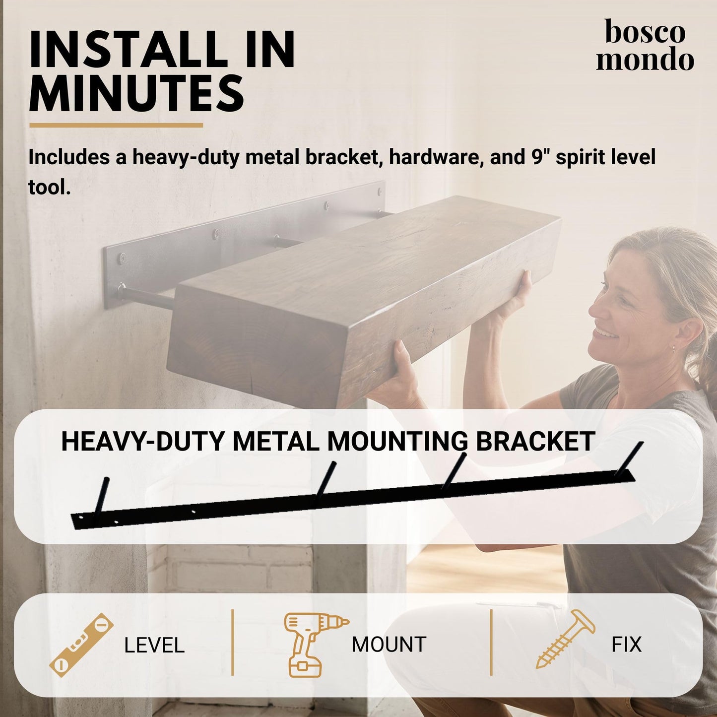 BoscoMondo Solid Wood Fireplace Mantel Shelf, Floating Mantle for Living Room, Farmhouse Rustic Wood Mantel, Easy Wall Mount with Heavy-Duty Metal Bracket (60", Walnut)