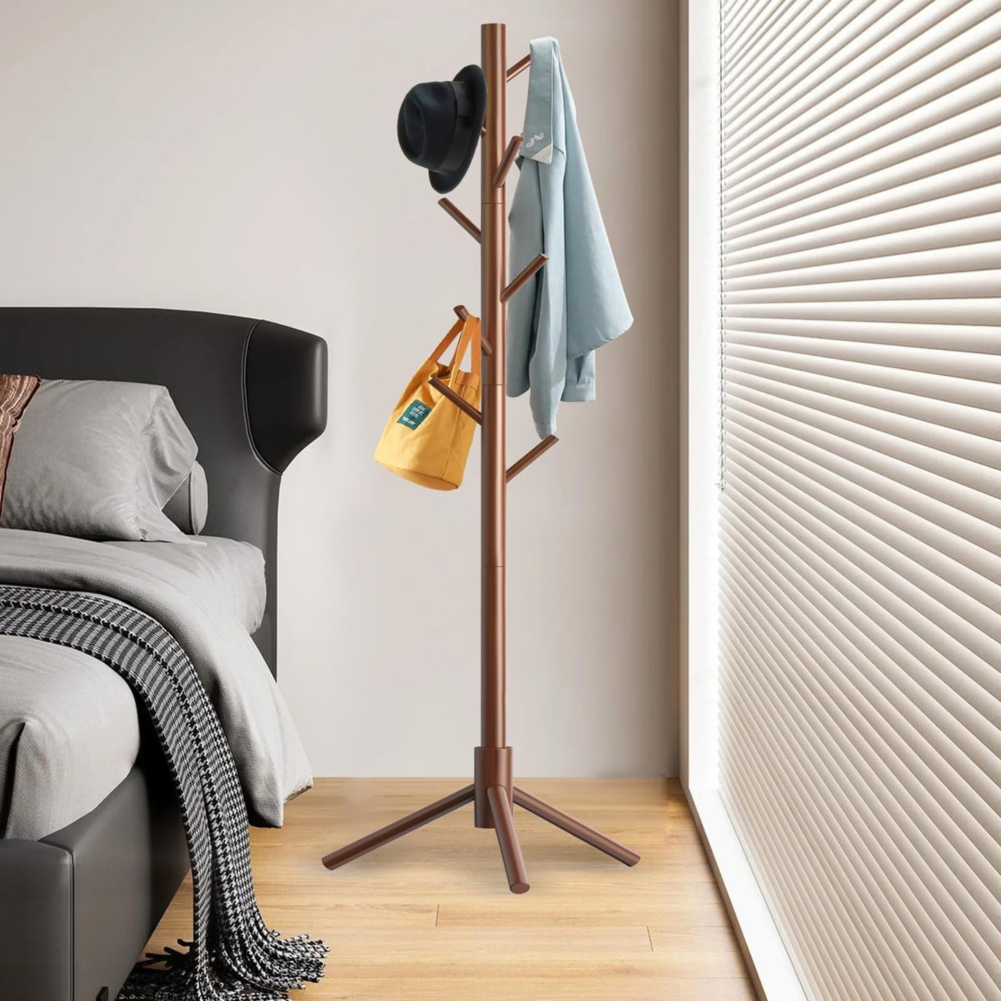Aliphon Wooden Coat Rack Stand, Freestanding Coat Rack with 8 Hooks, 3 Adjustable Size Coat Tree for Hats, Coats, Scarves bags, Coat Hanger Stand Used in Bedroom/Office/Entryway (Brown)
